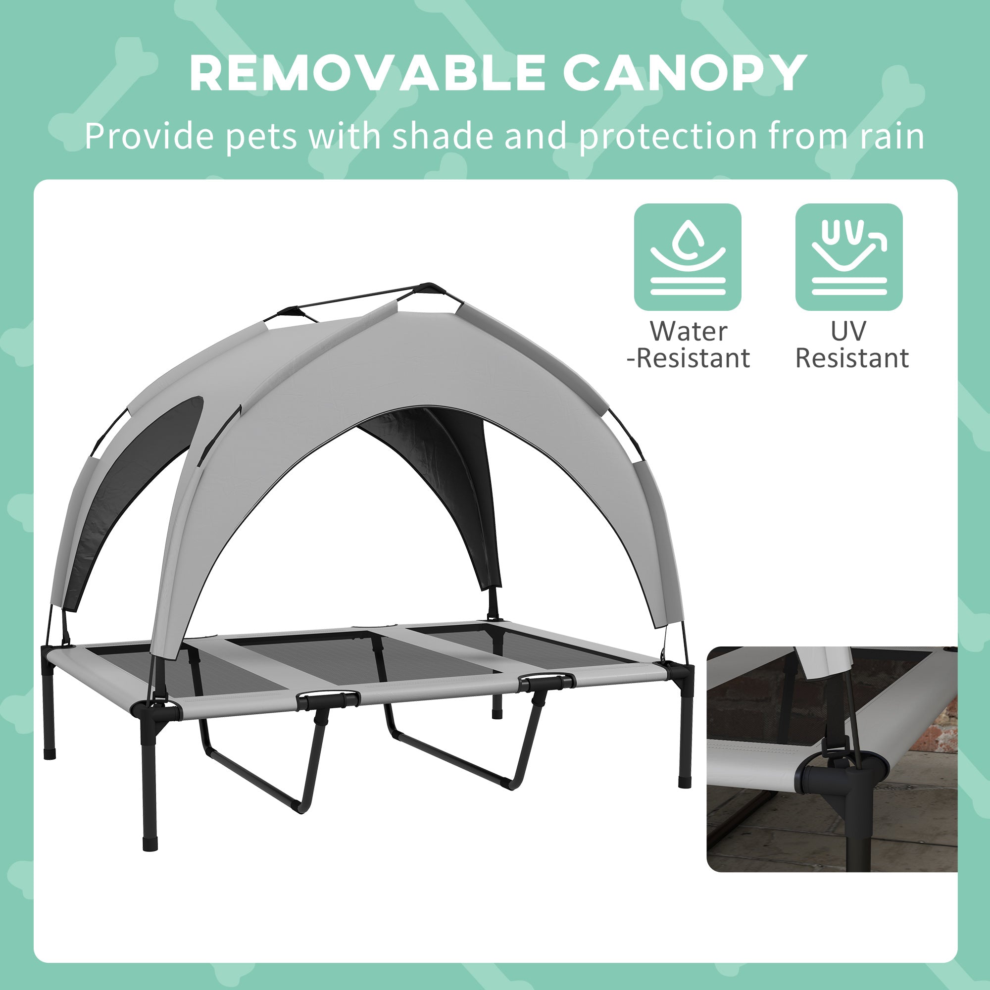 Elevated Dog Bed with Canopy, Cooling Dog Cot Bed for Camping, Portable Raised Pet Cot with Washable Breathable Mesh, for Indoor Outdoor, Large Dogs, 42" x 30" x 37", Grey