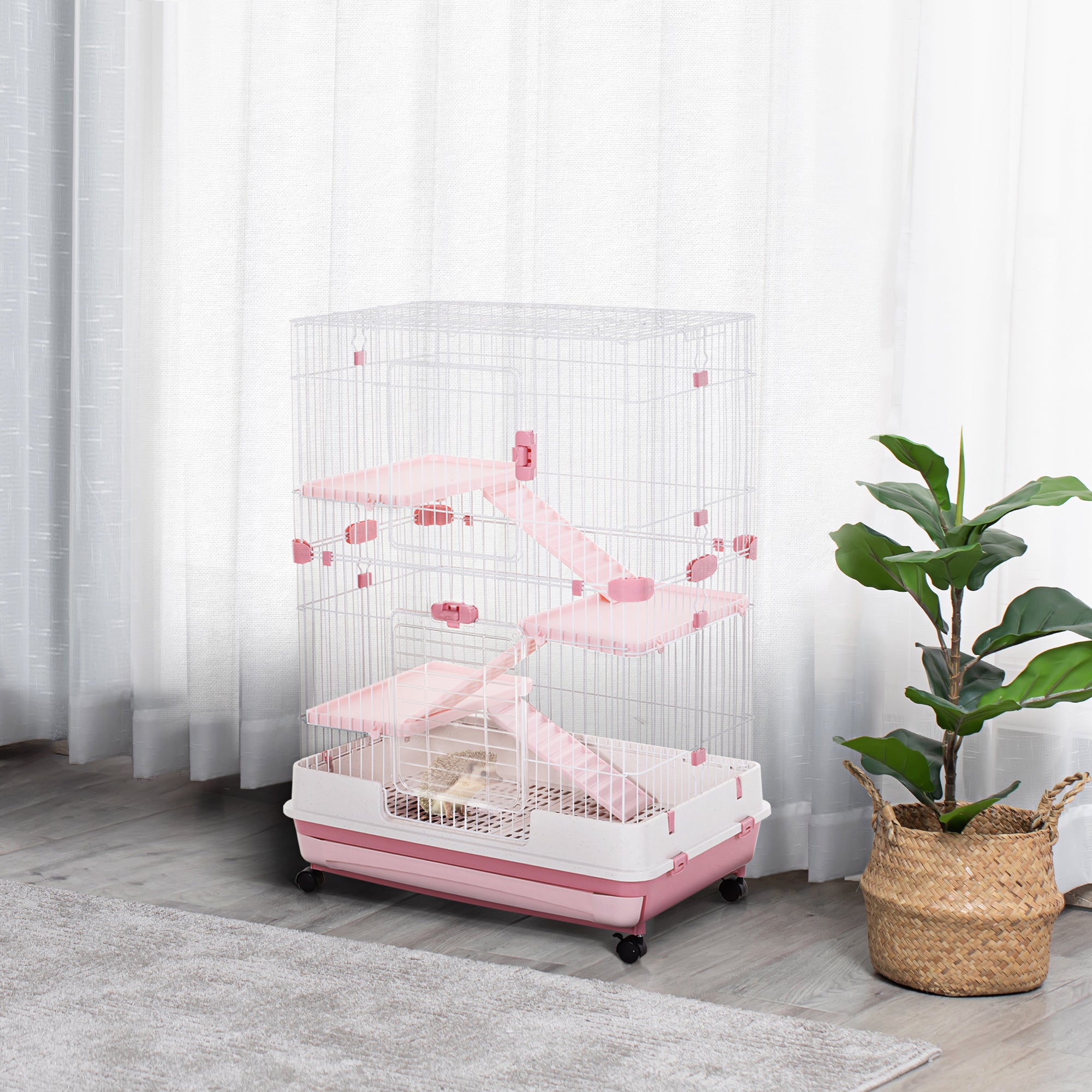 45"H 4-Level Small Animal Cage Rabbit Hutch with Universal Lockable Wheels, Slide-Out Tray for Bunny, Chinchillas, Ferret, Pink