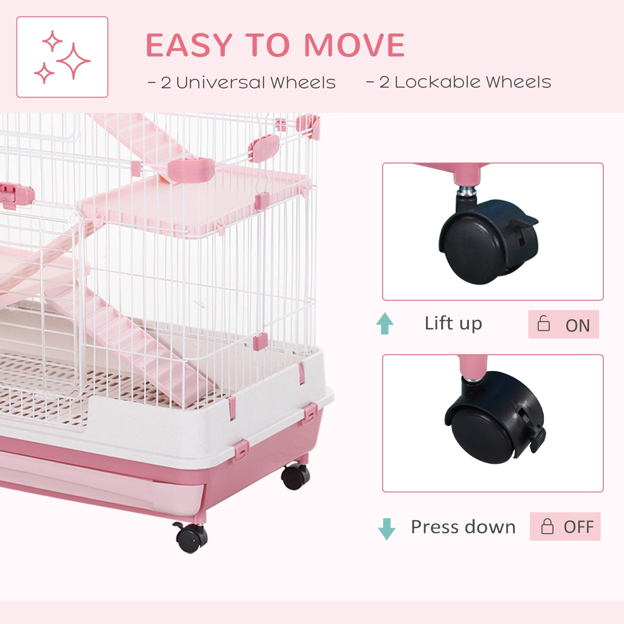 45"H 4-Level Small Animal Cage Rabbit Hutch with Universal Lockable Wheels, Slide-Out Tray for Bunny, Chinchillas, Ferret, Pink