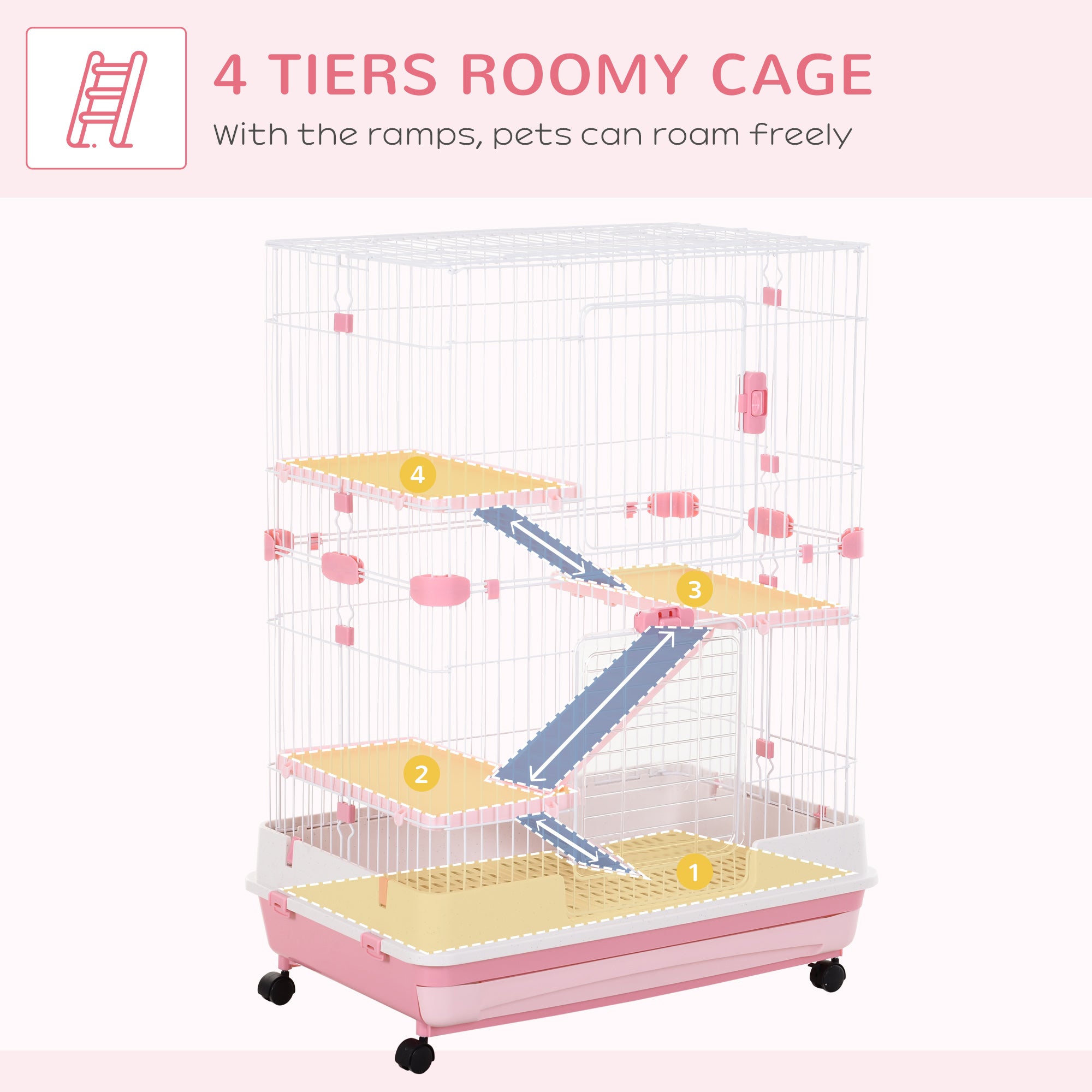 45"H 4-Level Small Animal Cage Rabbit Hutch with Universal Lockable Wheels, Slide-Out Tray for Bunny, Chinchillas, Ferret, Pink
