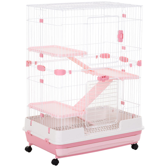 45"H 4-Level Small Animal Cage Rabbit Hutch with Universal Lockable Wheels, Slide-Out Tray for Bunny, Chinchillas, Ferret, Pink
