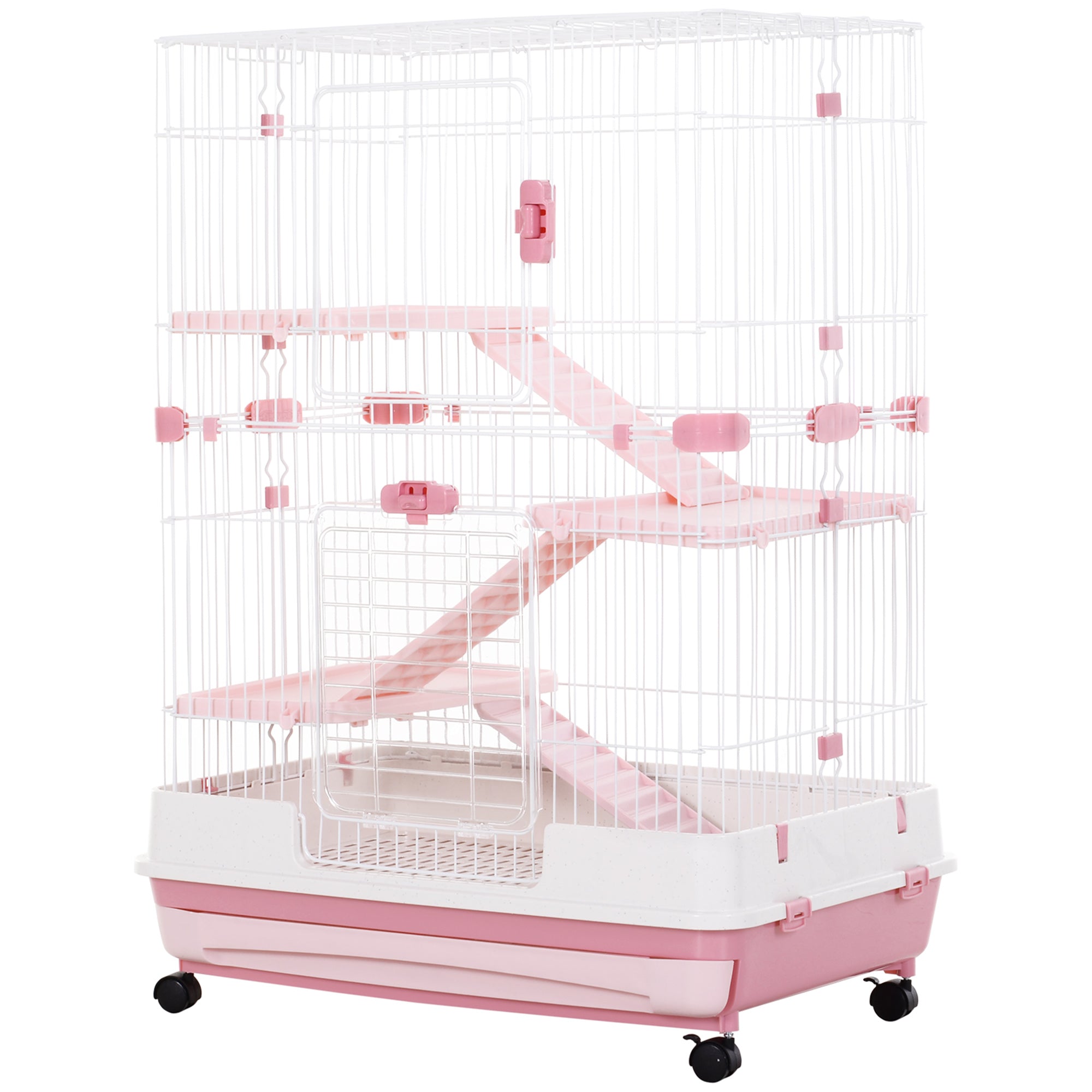 45"H 4-Level Small Animal Cage Rabbit Hutch with Universal Lockable Wheels, Slide-Out Tray for Bunny, Chinchillas, Ferret, Pink