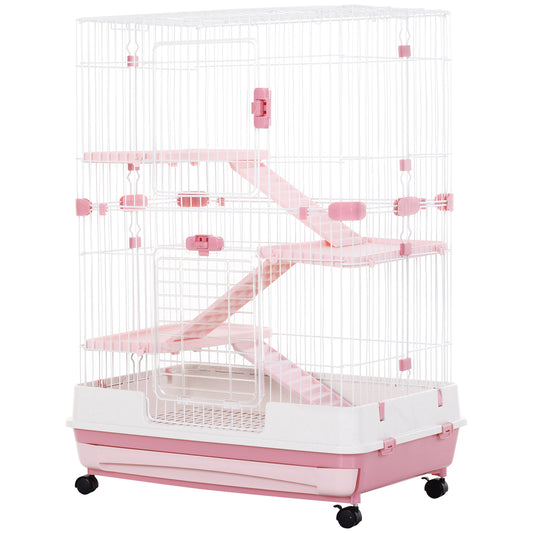45"H 4-Level Small Animal Cage Rabbit Hutch with Universal Lockable Wheels, Slide-Out Tray for Bunny, Chinchillas, Ferret, Pink
