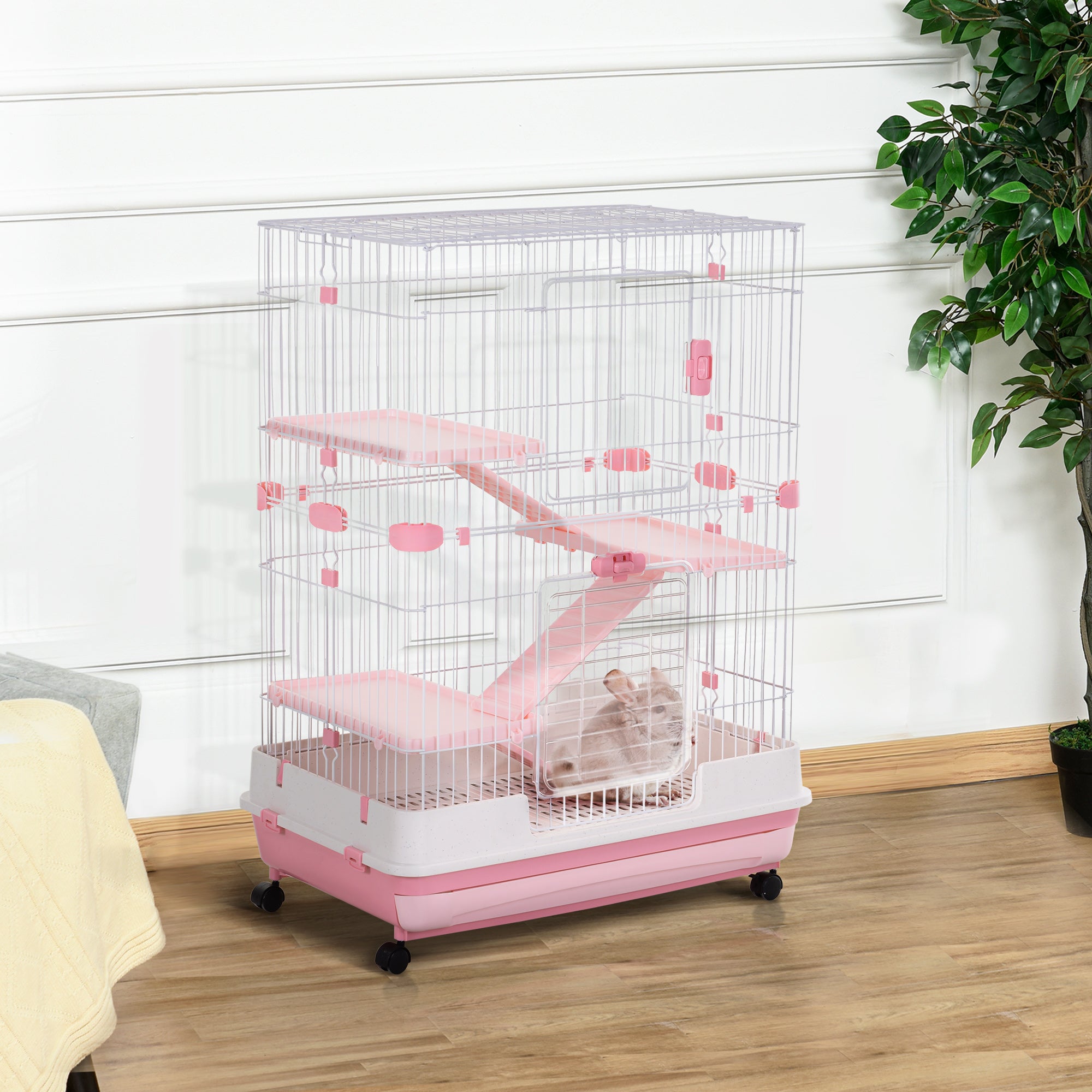 45"H 4-Level Small Animal Cage Rabbit Hutch with Universal Lockable Wheels, Slide-Out Tray for Bunny, Chinchillas, Ferret, Pink