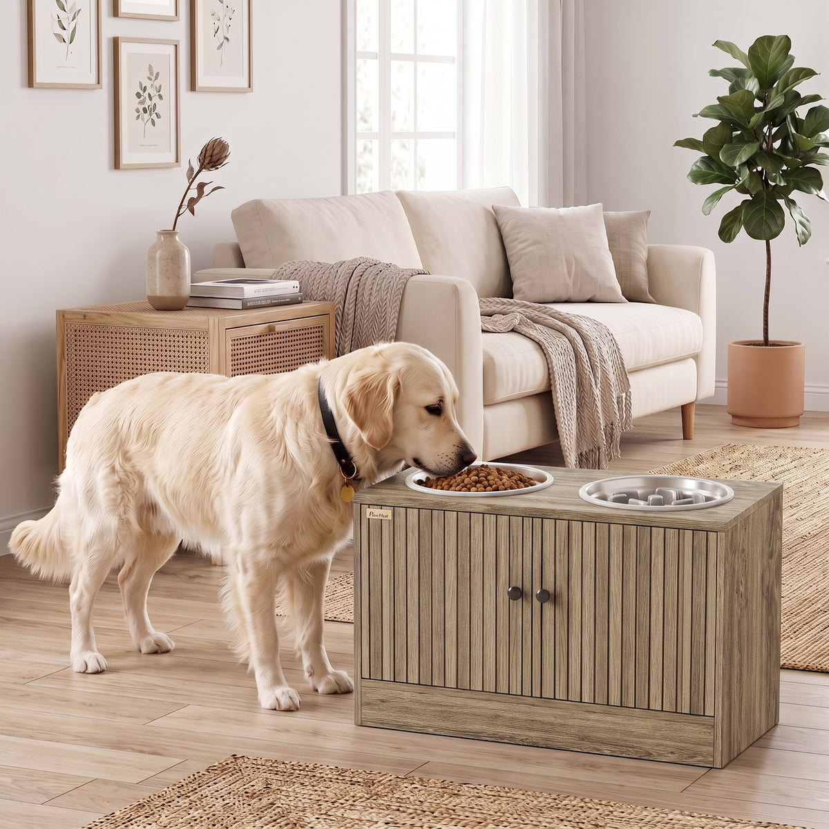 Elevated Dog Bowls with Storage Cabinet, Raised Dog Bowl Stand, Pet Feeding Station with Slow Feeder & Non-Slip, for Large Pets, Brown Wood Grain