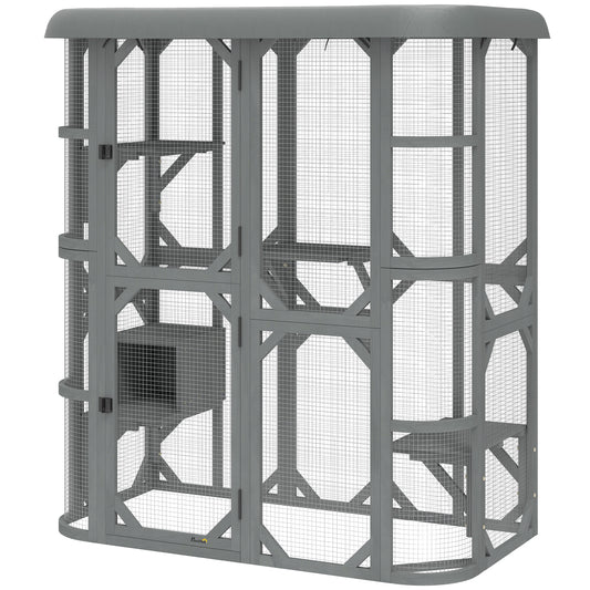 Walk-in Catio, Outdoor Cat Enclosure with 4 Jumping Platforms, Condo and Waterproof Cover, Outdoor Indoor Large Cat House for 2–3 Kittens, 156 x 80x 180 cm, Grey