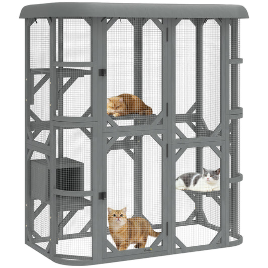 Walk-in Catio, Outdoor Cat Enclosure with 4 Jumping Platforms, Condo and Waterproof Cover, Outdoor Indoor Large Cat House for 2–3 Kittens, 156 x 80x 180 cm, Grey