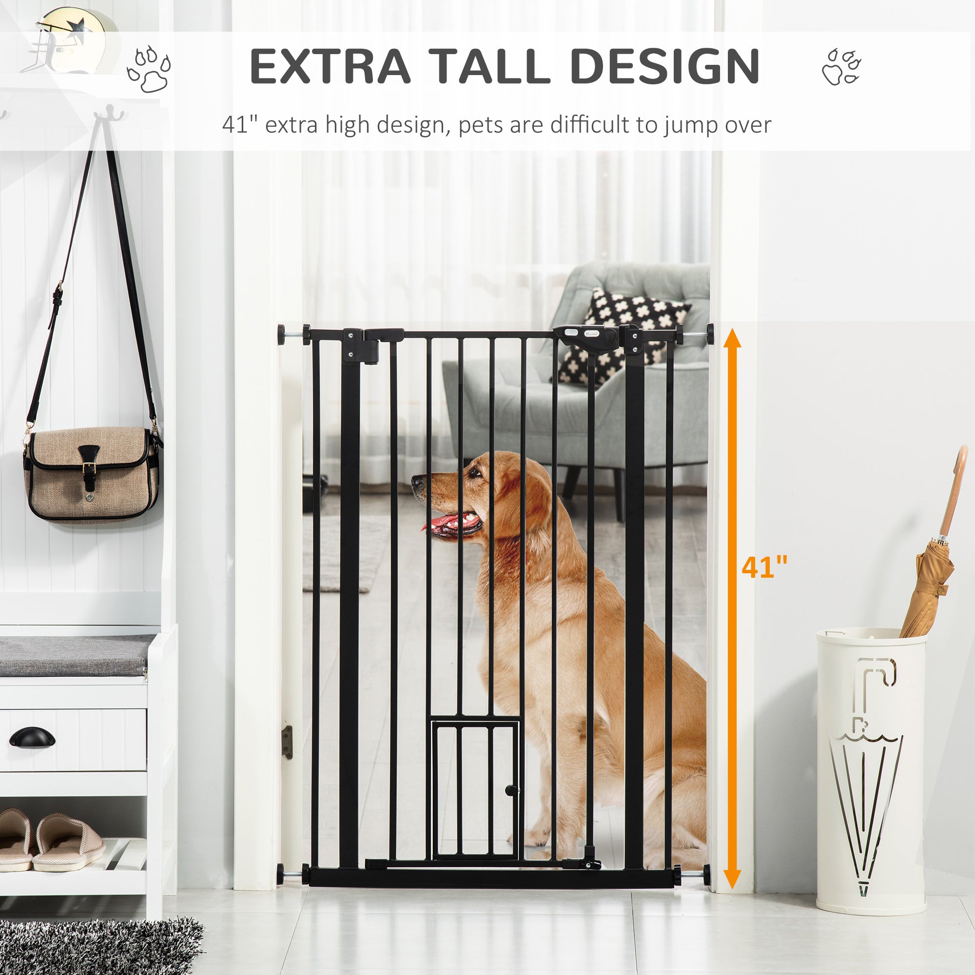 41"H Dog Gate with Cat Door, Pet Gate with Small Door, Easy Open Indoor Dog Gates for Doorways, House, Stair, 29"-32" Long, Black