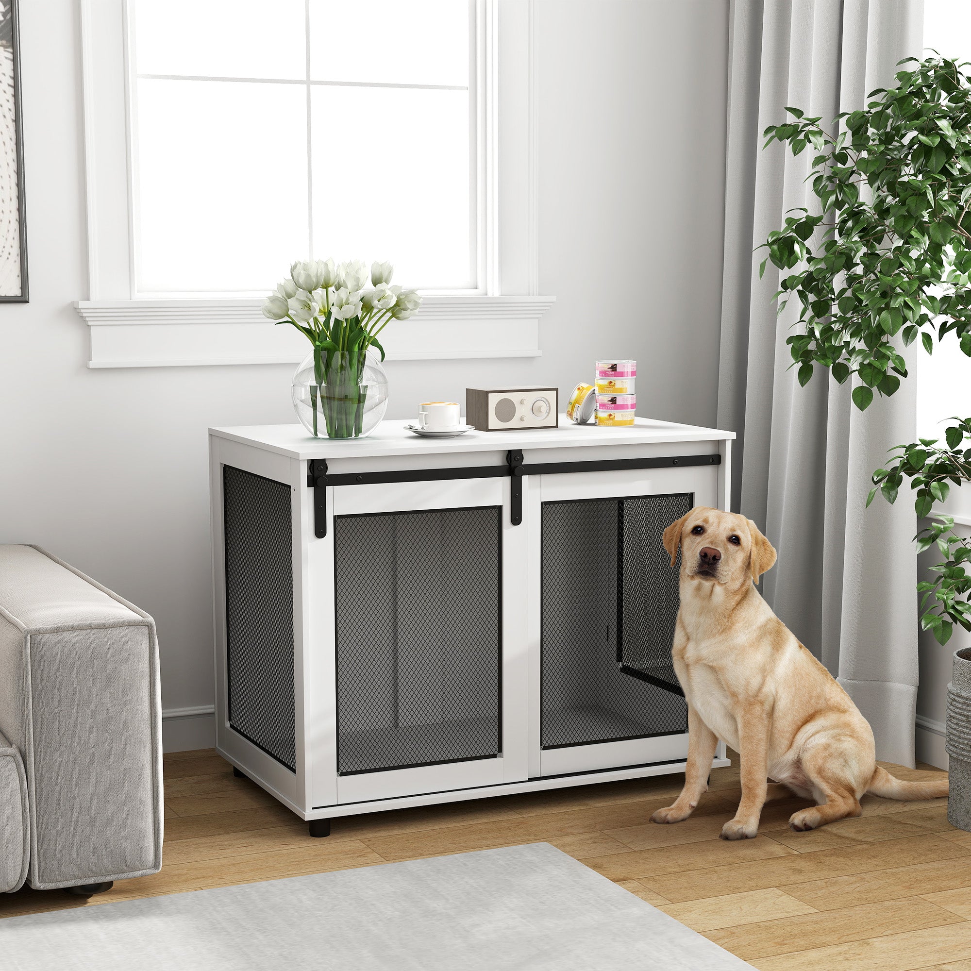 Dog Crate Furniture, 39" Dog Kennel End Table with Sliding Barn Door, Furniture Style Dog Cage for Large Dogs, White