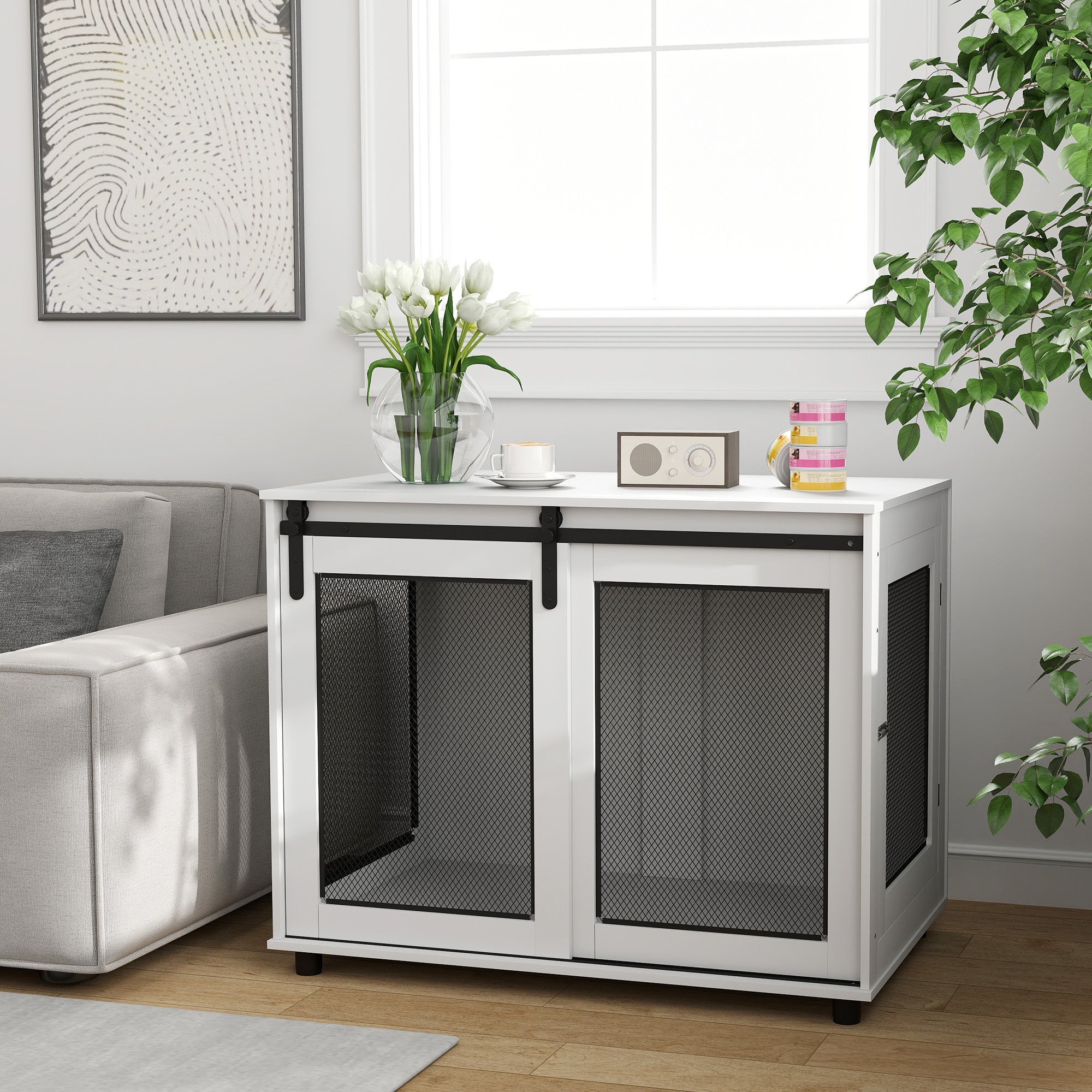 Dog Crate Furniture, 39" Dog Kennel End Table with Sliding Barn Door, Furniture Style Dog Cage for Large Dogs, White