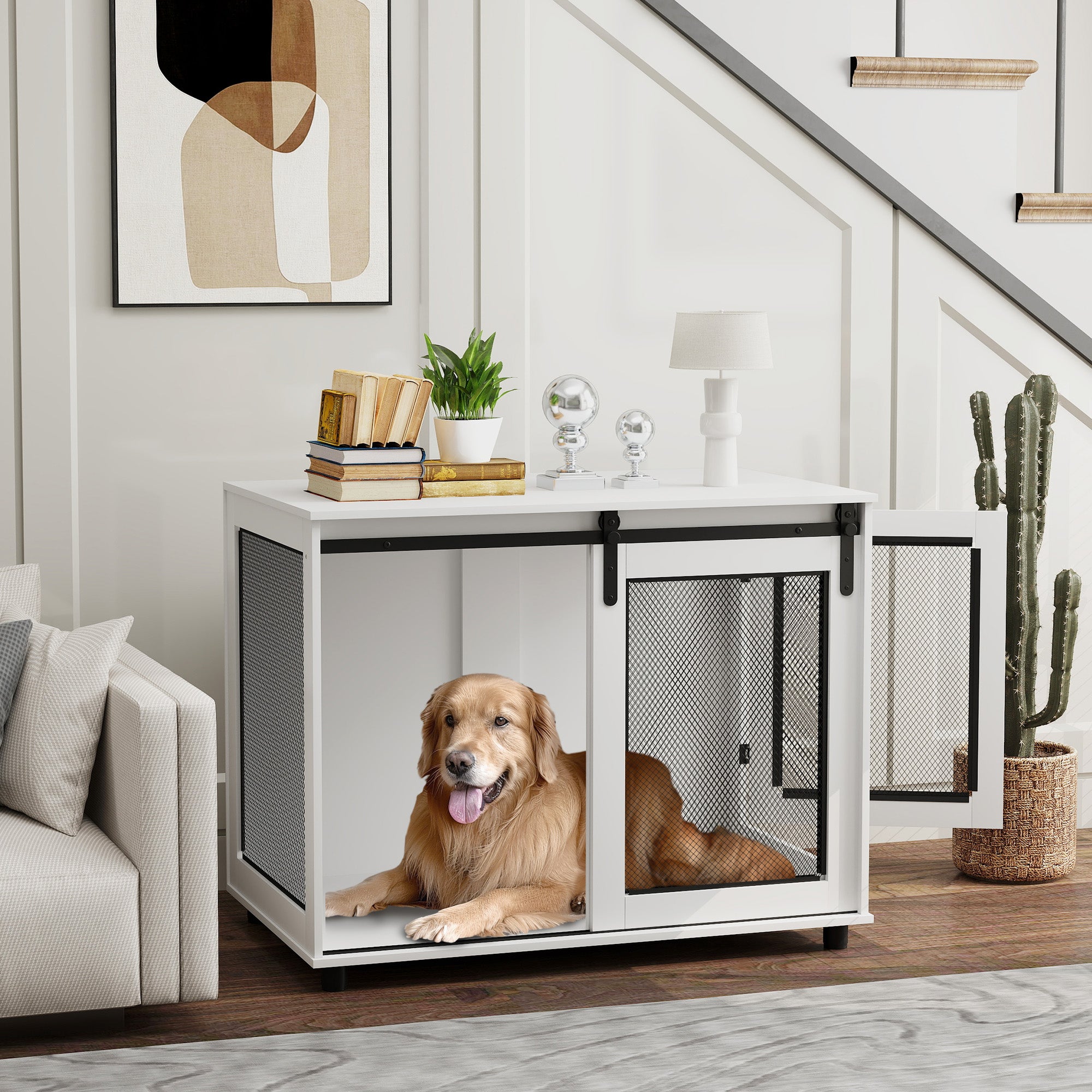 Dog Crate Furniture, 39" Dog Kennel End Table with Sliding Barn Door, Furniture Style Dog Cage for Large Dogs, White