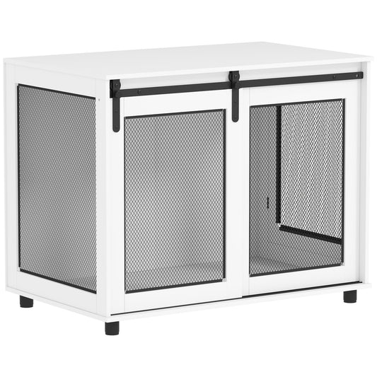 Dog Crate Furniture, 39" Dog Kennel End Table with Sliding Barn Door, Furniture Style Dog Cage for Large Dogs, White