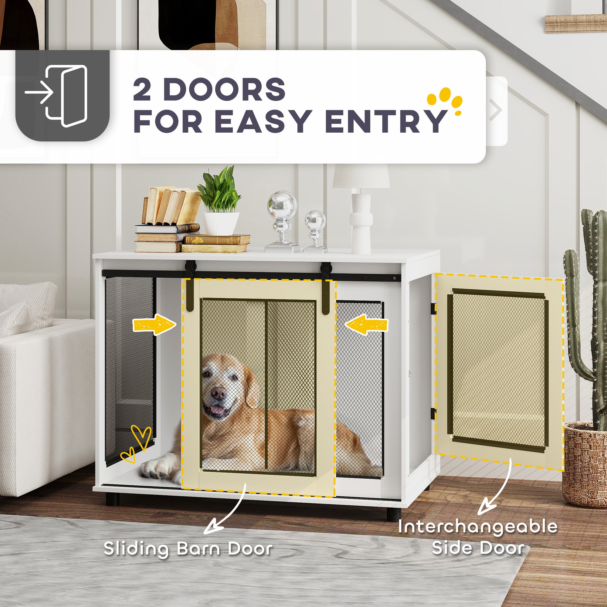 Dog Crate Furniture, 39" Dog Kennel End Table with Sliding Barn Door, Furniture Style Dog Cage for Large Dogs, White