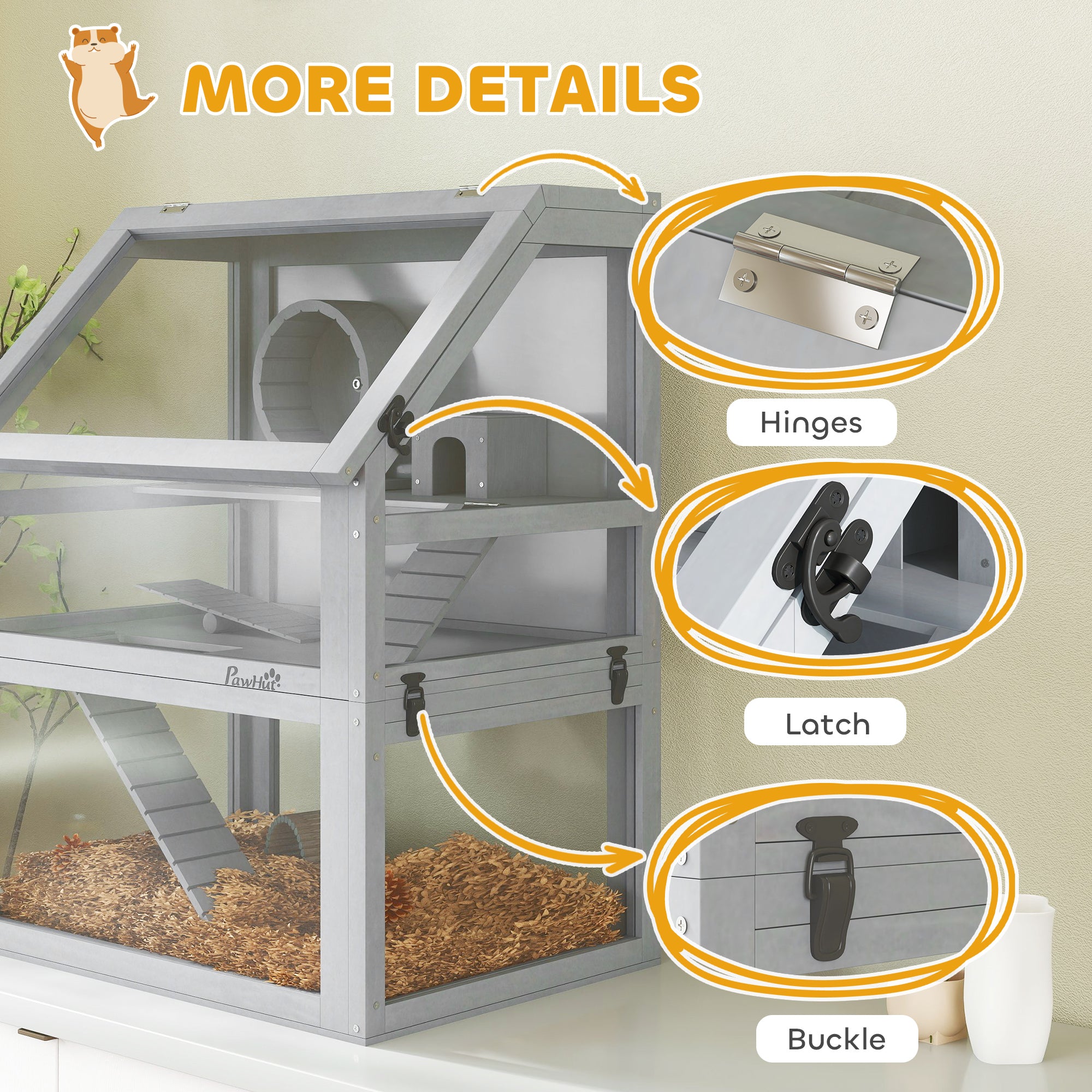 Wooden Hamster Cage, 3 Tier Gerbil Cage with Detachable 32cm Deep Bottom, Hut, Seesaw, Exercise Wheel, Ramps, Light Grey