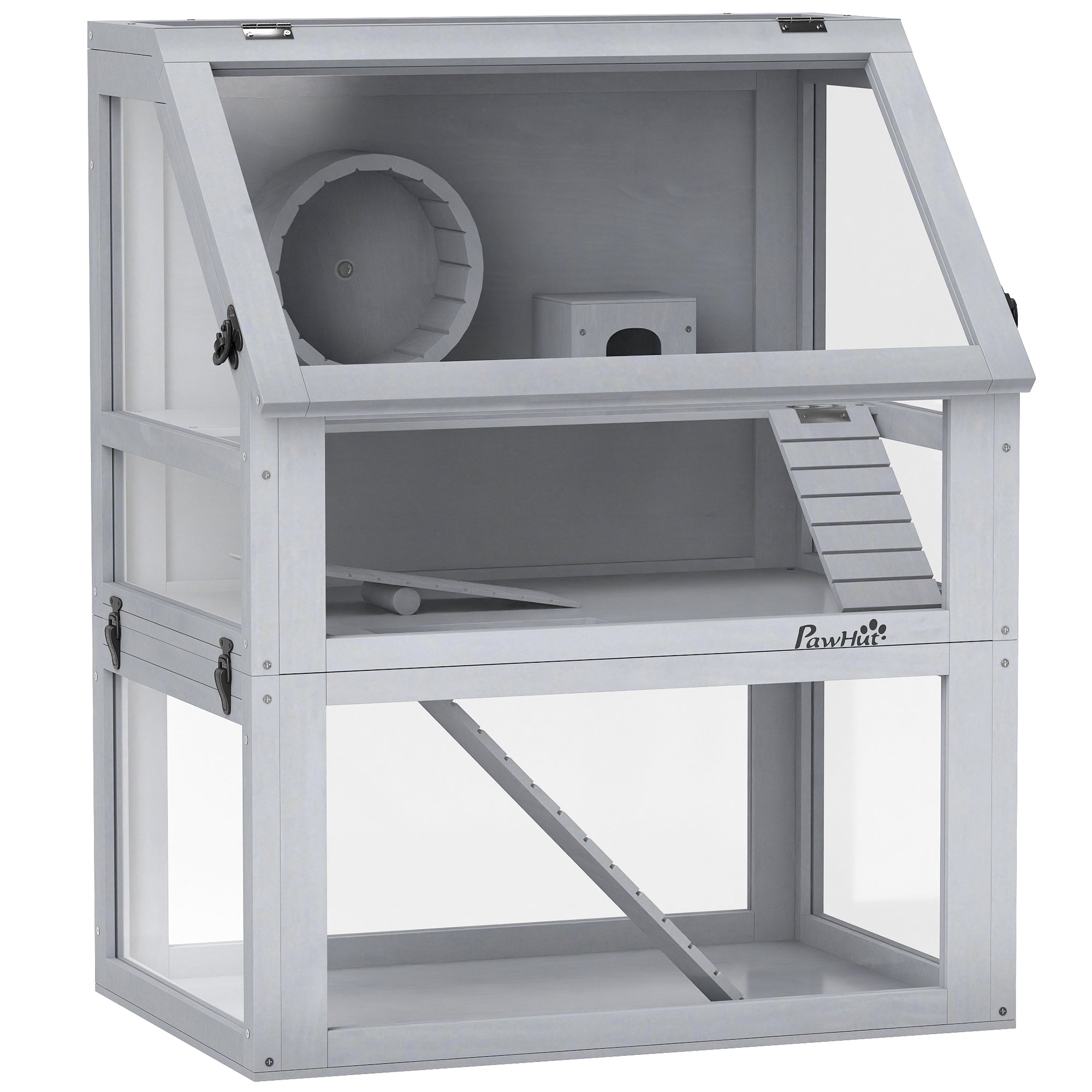 Wooden Hamster Cage, 3 Tier Gerbil Cage with Detachable 32cm Deep Bottom, Hut, Seesaw, Exercise Wheel, Ramps, Light Grey