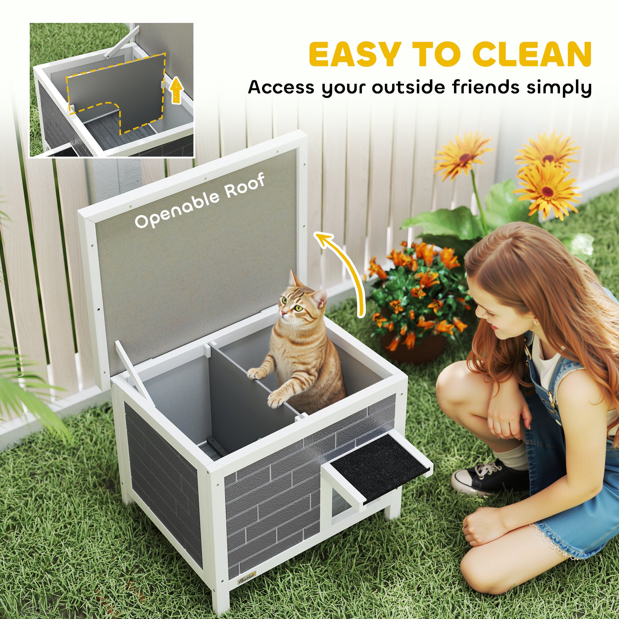 Outdoor Cat House Insulated, Wooden Weatherproof Feral Cat Shelter with Openable Asphalt Roof, Plastic Door Flaps, Rabbit Hutch for Bunnies, for Winter Outside, 61 x 51 x 53.5 cm, Grey