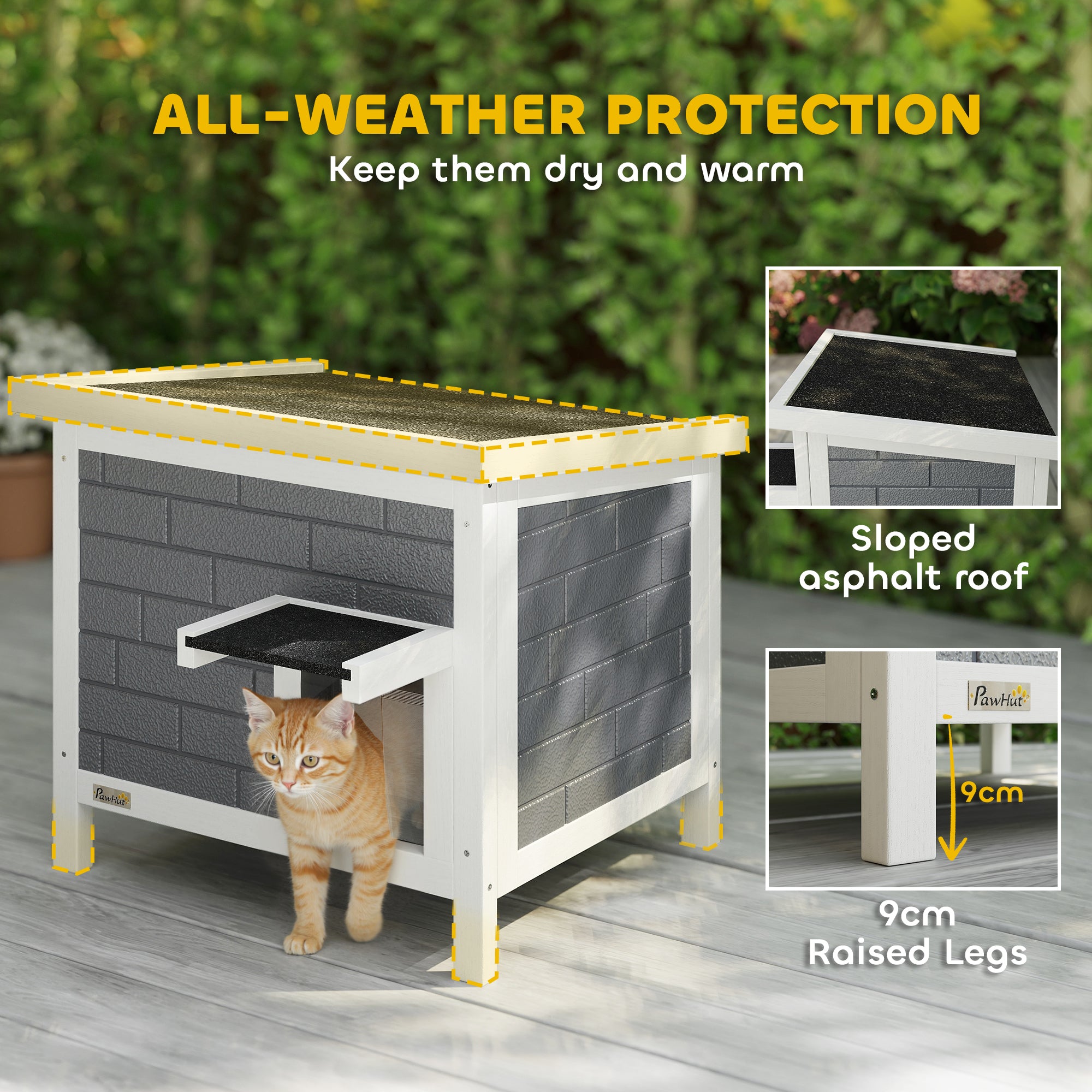 Outdoor Cat House Insulated, Wooden Weatherproof Feral Cat Shelter with Openable Asphalt Roof, Plastic Door Flaps, Rabbit Hutch for Bunnies, for Winter Outside, 61 x 51 x 53.5 cm, Grey