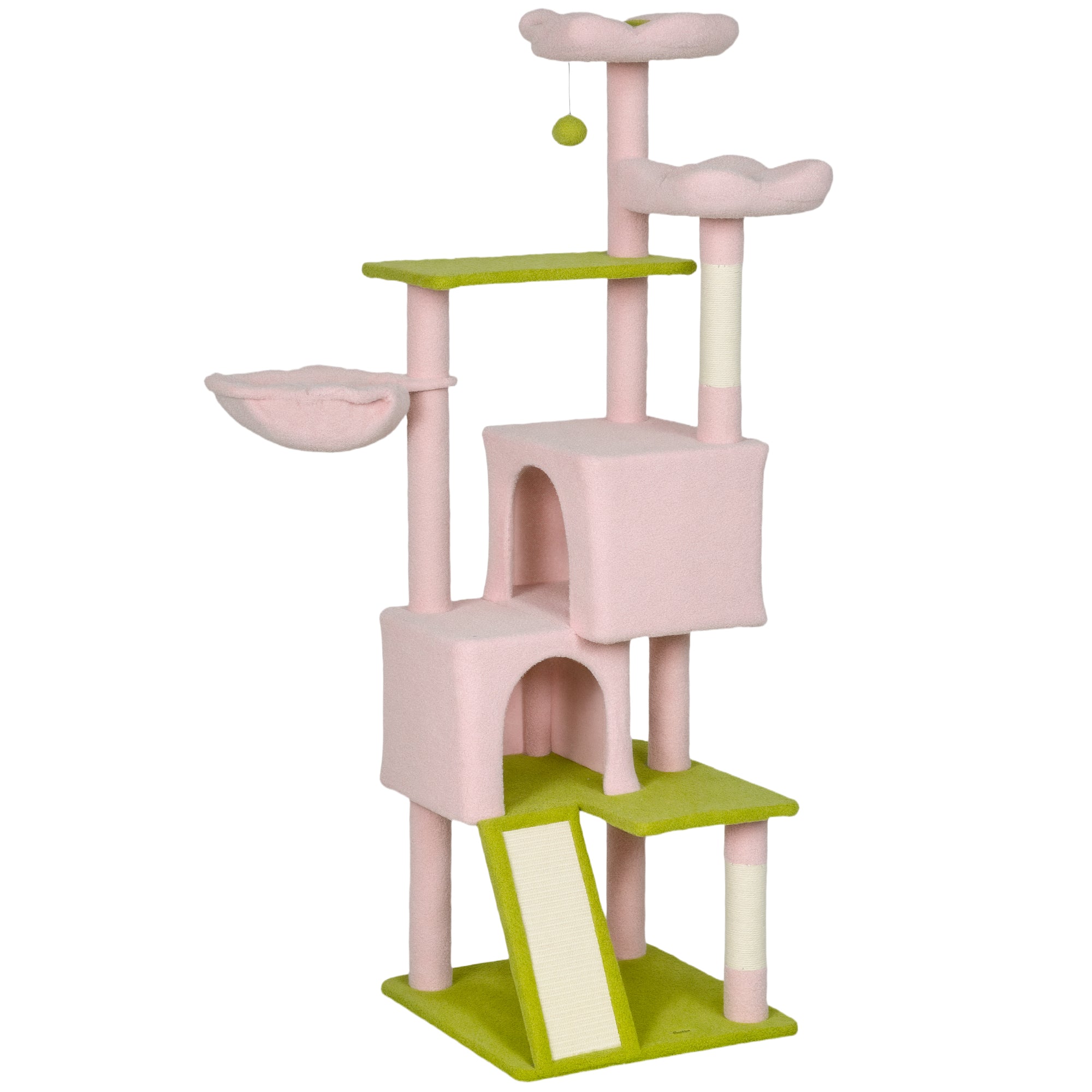 62" Flower Cat Tree, Multi-Level Large Cat Tower with 2 Condos, 2 Beds, Hammock, Sisal Scratching Posts & Pad, Plush Perch, Platforms, for Indoor Kittens, Pink