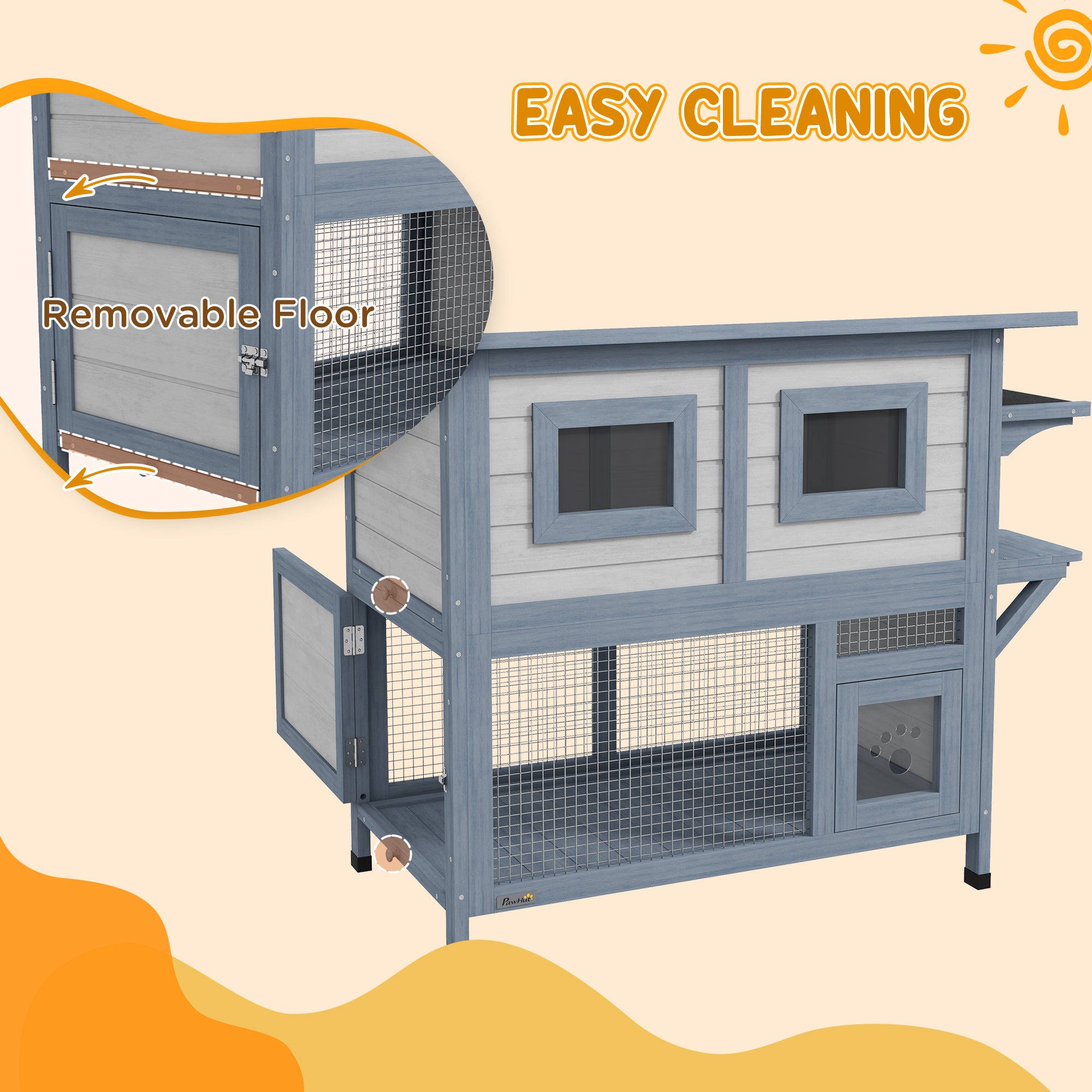 Outdoor Cat House, 2 Tier Wooden Feral Cat Shelter with Escape Door, Weatherproof Roof, Jump platform, Observer Windows, for 1-2 Cats, Outside and Backyard Use, Light Grey