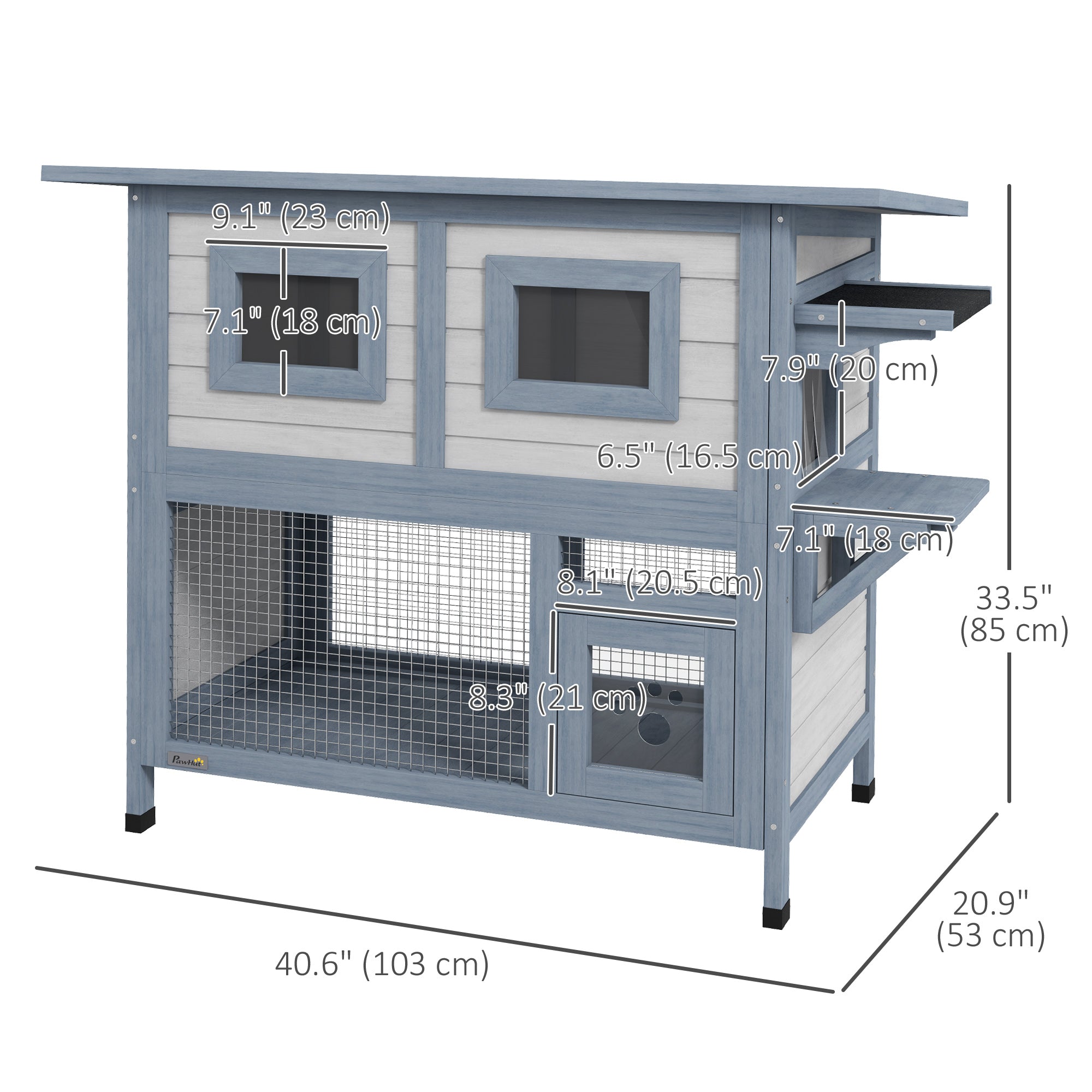Outdoor Cat House, 2 Tier Wooden Feral Cat Shelter with Escape Door, Weatherproof Roof, Jump platform, Observer Windows, for 1-2 Cats, Outside and Backyard Use, Light Grey