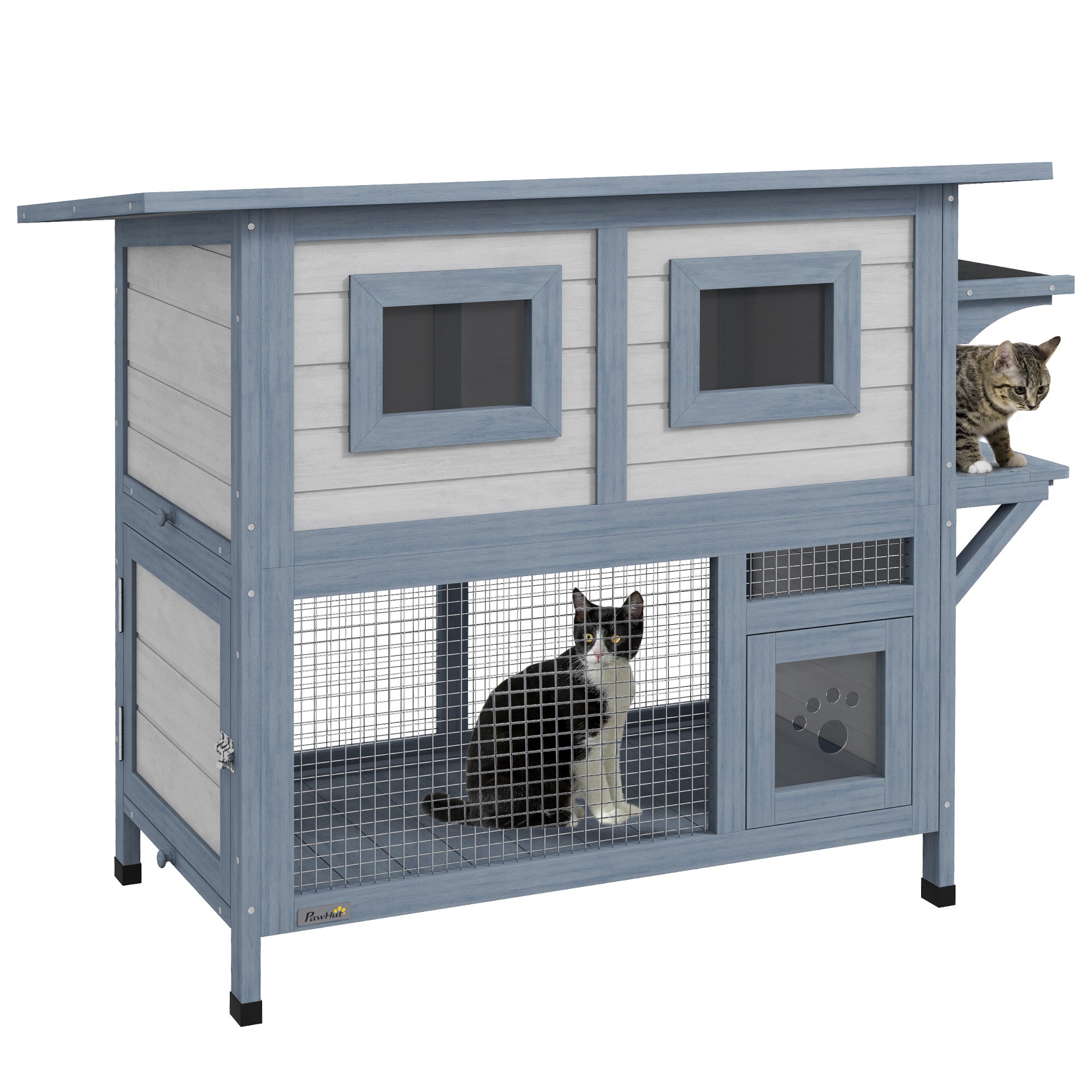 Outdoor Cat House, 2 Tier Wooden Feral Cat Shelter with Escape Door, Weatherproof Roof, Jump platform, Observer Windows, for 1-2 Cats, Outside and Backyard Use, Light Grey