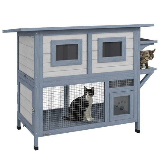 Outdoor Cat House, 2 Tier Wooden Feral Cat Shelter with Escape Door, Weatherproof Roof, Jump platform, Observer Windows, for 1-2 Cats, Outside and Backyard Use, Light Grey