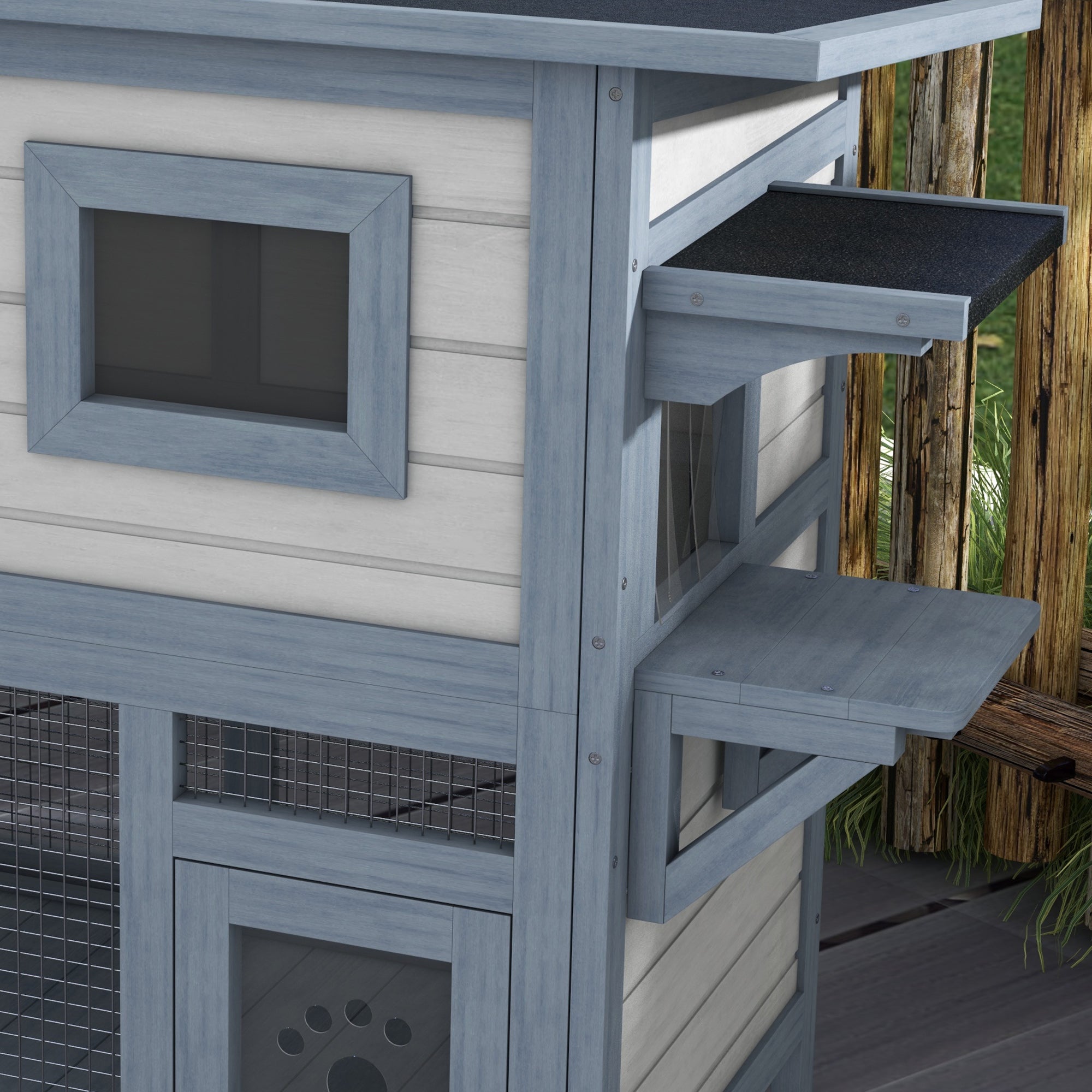 Outdoor Cat House, 2 Tier Wooden Feral Cat Shelter with Escape Door, Weatherproof Roof, Jump platform, Observer Windows, for 1-2 Cats, Outside and Backyard Use, Light Grey