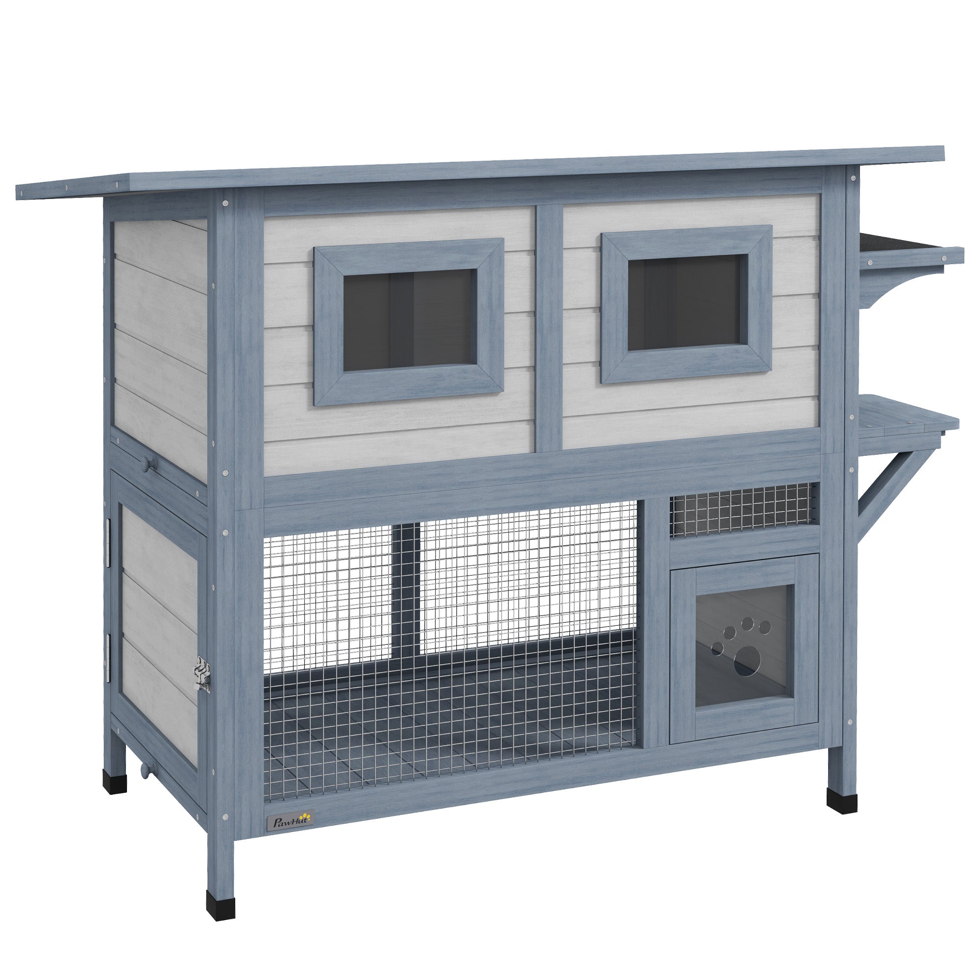 Outdoor Cat House, 2 Tier Wooden Feral Cat Shelter with Escape Door, Weatherproof Roof, Jump platform, Observer Windows, for 1-2 Cats, Outside and Backyard Use, Light Grey