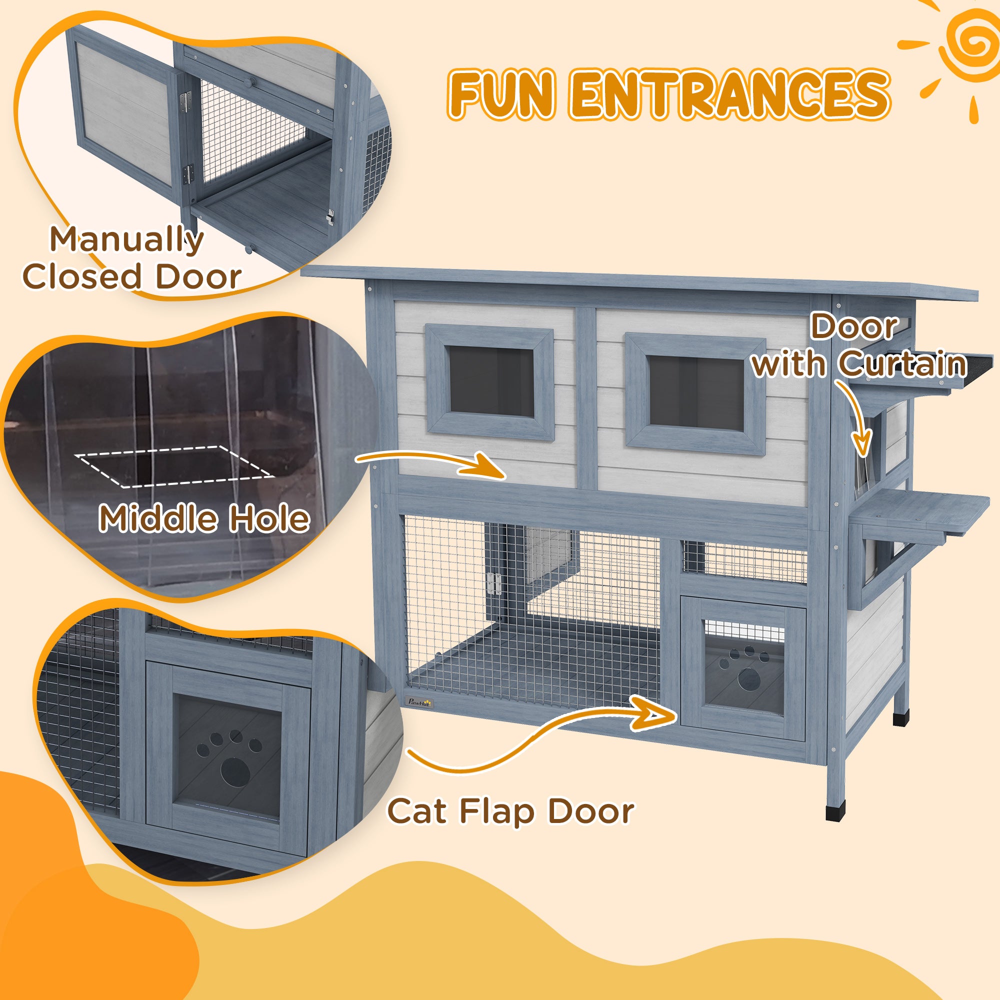 Outdoor Cat House, 2 Tier Wooden Feral Cat Shelter with Escape Door, Weatherproof Roof, Jump platform, Observer Windows, for 1-2 Cats, Outside and Backyard Use, Light Grey
