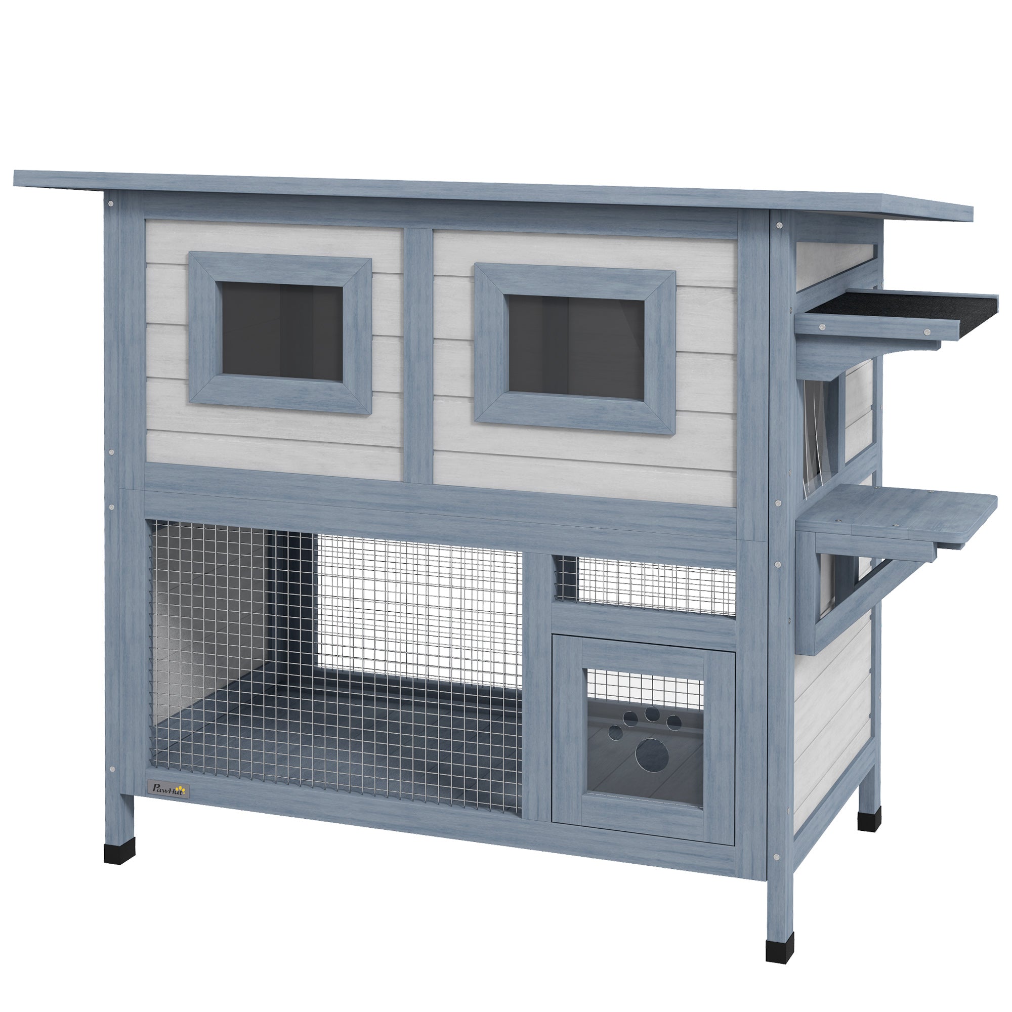 Outdoor Cat House, 2 Tier Wooden Feral Cat Shelter with Escape Door, Weatherproof Roof, Jump platform, Observer Windows, for 1-2 Cats, Outside and Backyard Use, Light Grey