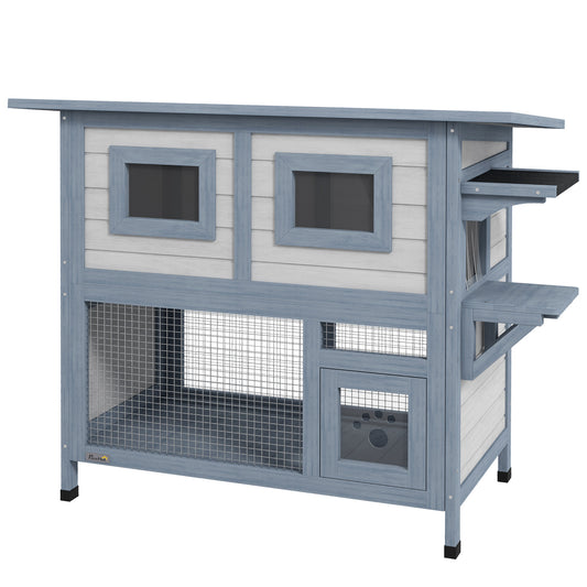 Outdoor Cat House, 2 Tier Wooden Feral Cat Shelter with Escape Door, Weatherproof Roof, Jump platform, Observer Windows, for 1-2 Cats, Outside and Backyard Use, Light Grey