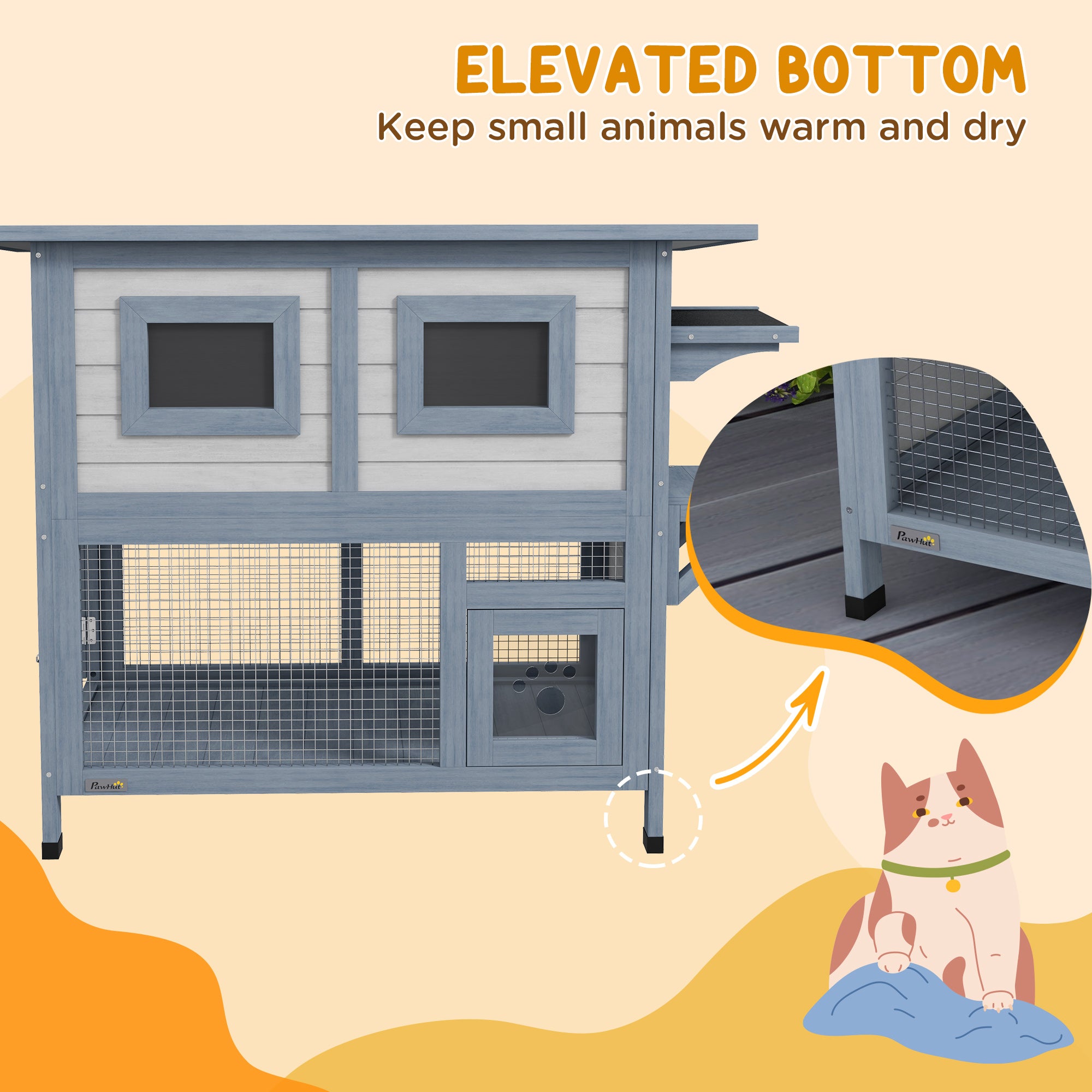 Outdoor Cat House, 2 Tier Wooden Feral Cat Shelter with Escape Door, Weatherproof Roof, Jump platform, Observer Windows, for 1-2 Cats, Outside and Backyard Use, Light Grey