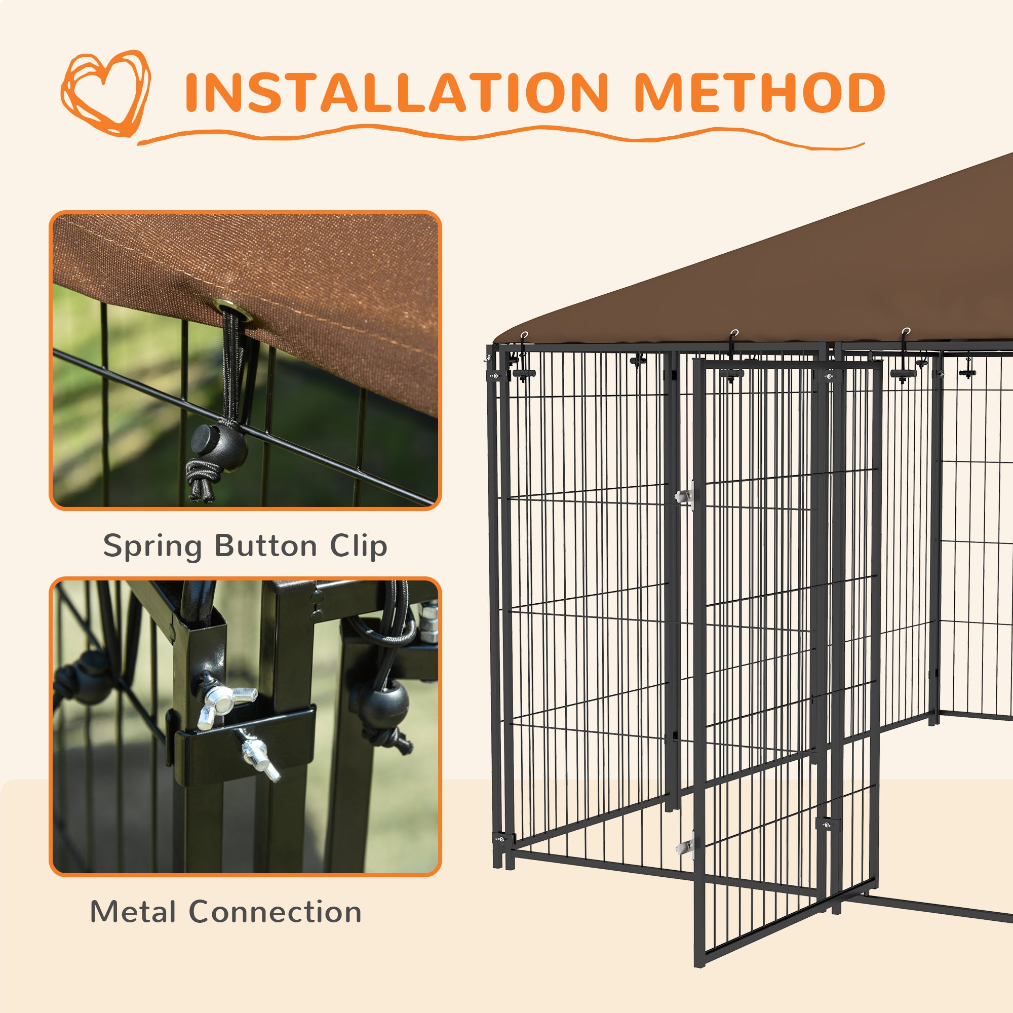 PawHut Outside Dog Kennel, 6.9' x 6.9' x 5' Puppy Play Pen with Canopy, Garden Playpen Fence Crate Enclosure Cage Rotating Bowl, Coffee