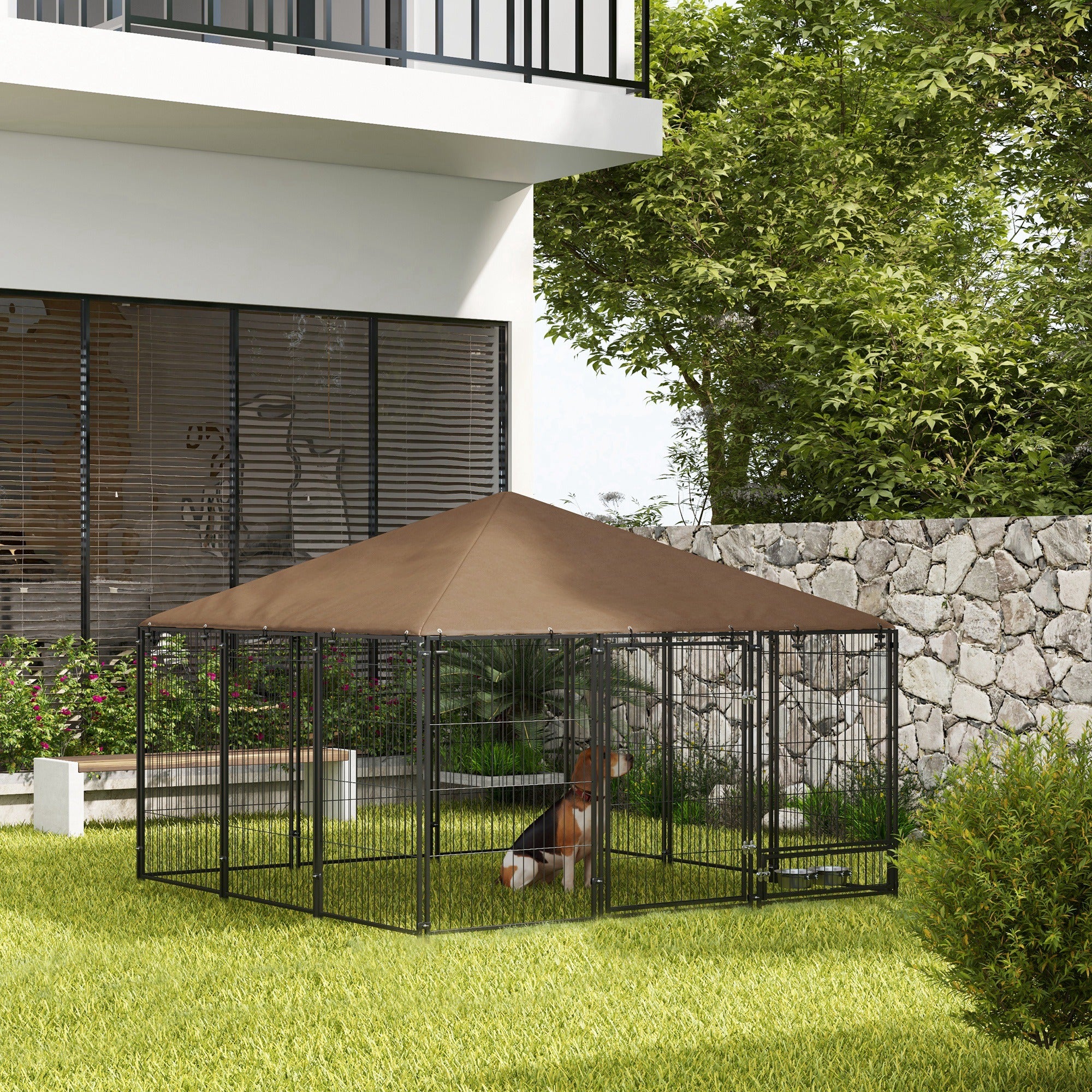 PawHut Outside Dog Kennel, 6.9' x 6.9' x 5' Puppy Play Pen with Canopy, Garden Playpen Fence Crate Enclosure Cage Rotating Bowl, Coffee