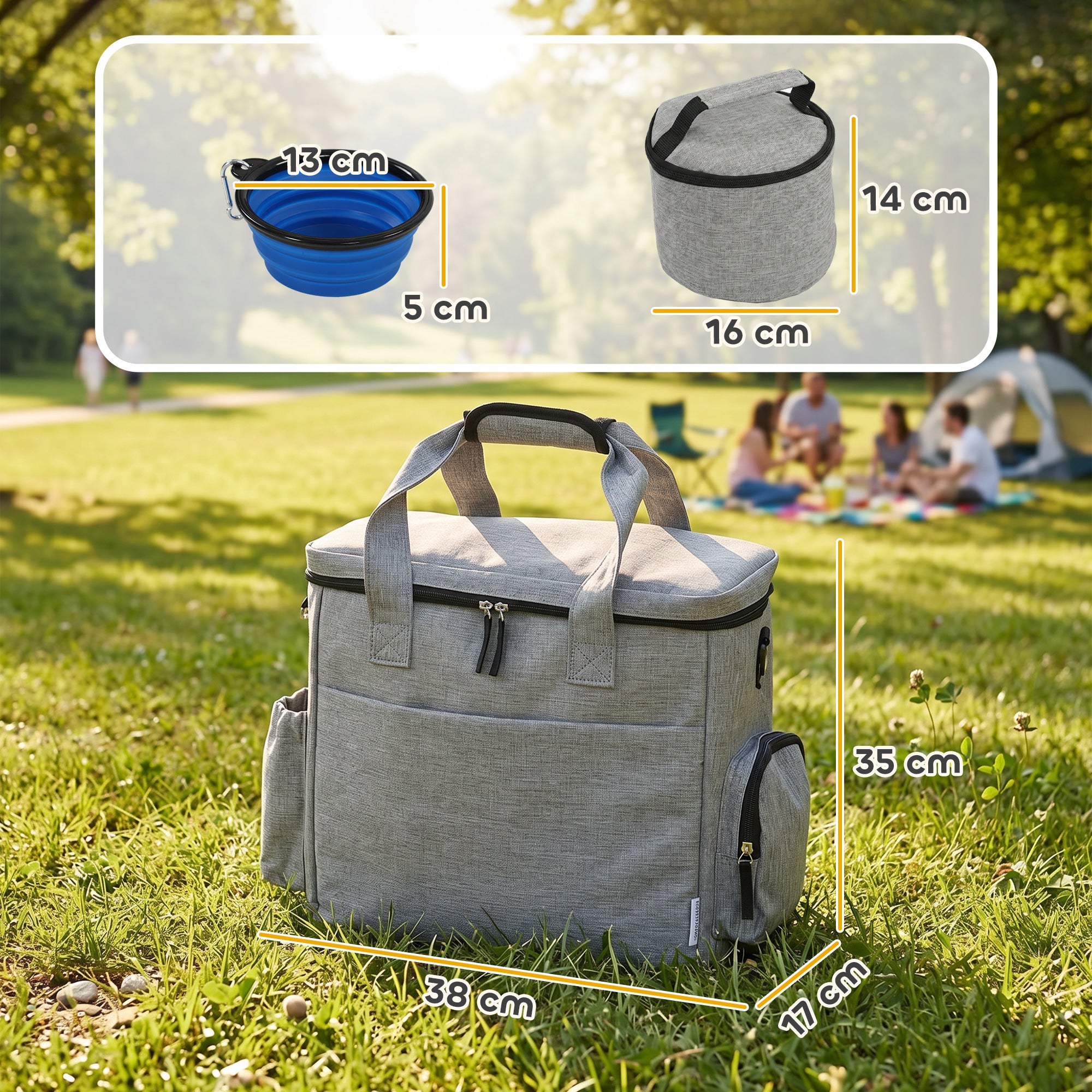 Dog Travel Bag, Dog Walking Bag with Multiple Pockets, Two Food Containers and Silicone Collapsible Bowl, Treat Pouch Bag for Cat Puppy Picnic Camping, Light Grey