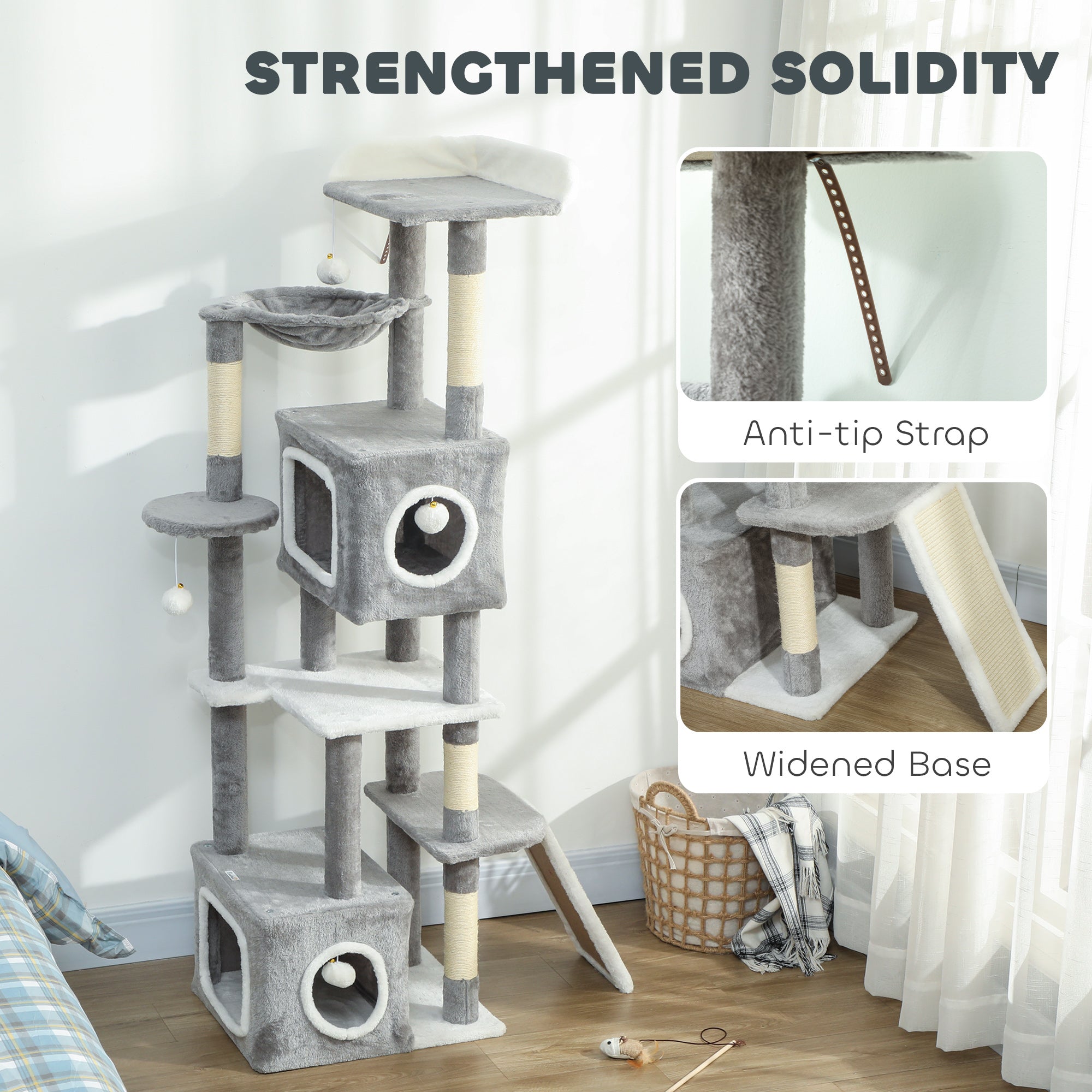 Cat Tree for Indoor Large Adult Cats, 65 Inch Kitty Tower Multi-Level with 2 Doors Condos, Plush Top Perch, Hammock, Sisal Scratching Posts, 4 Pompoms, Ramp, Grey