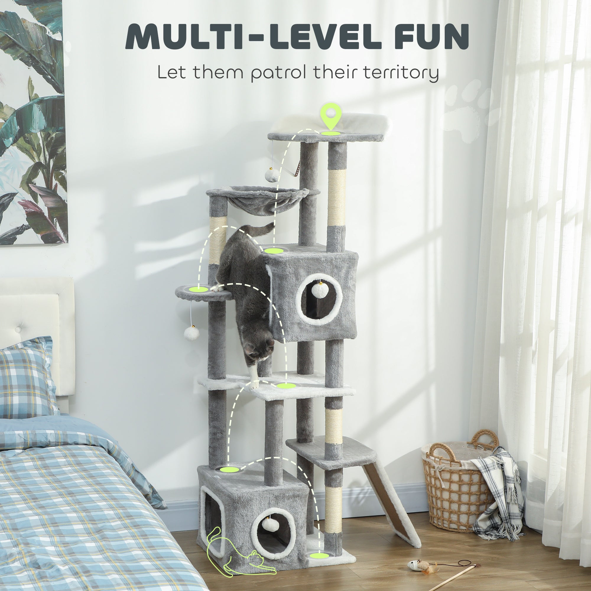 Cat Tree for Indoor Large Adult Cats, 65 Inch Kitty Tower Multi-Level with 2 Doors Condos, Plush Top Perch, Hammock, Sisal Scratching Posts, 4 Pompoms, Ramp, Grey