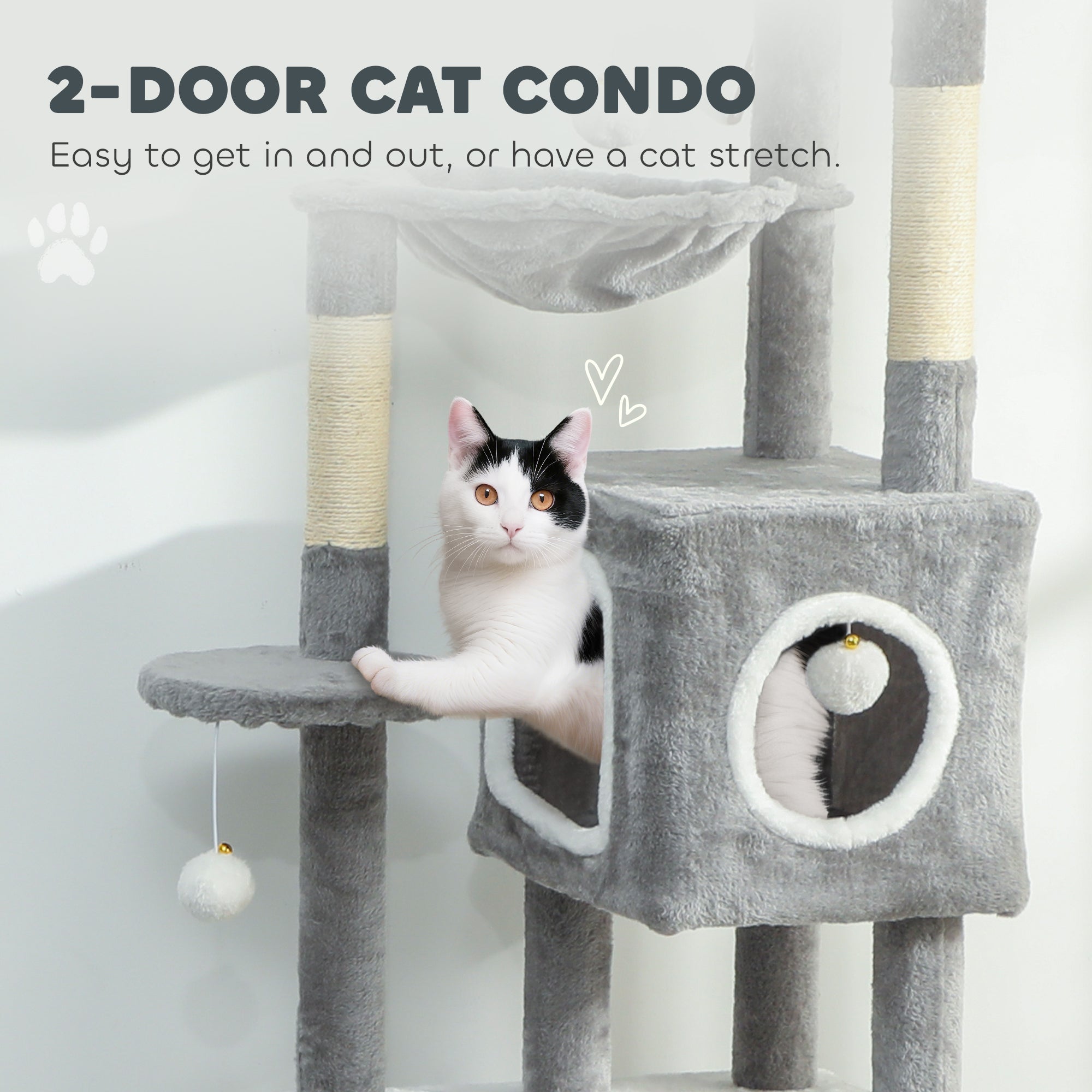 Cat Tree for Indoor Large Adult Cats, 65 Inch Kitty Tower Multi-Level with 2 Doors Condos, Plush Top Perch, Hammock, Sisal Scratching Posts, 4 Pompoms, Ramp, Grey