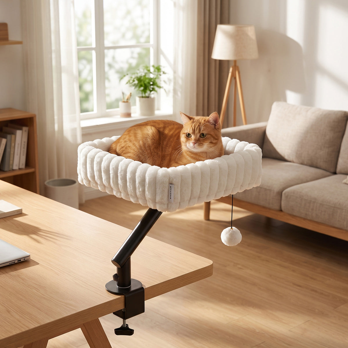 Cat Desk Bed, 360° Rotatable Raised Cat House for Desk and Window, Soft Kitten Hammock with Hanging Ball, Adjustable Clamp for Indoor Kittens, White