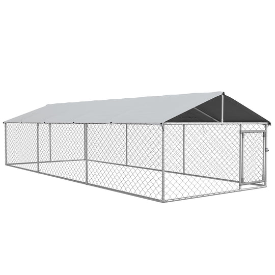 PawHut Large Dog Kennel Outside, Heavy Duty Dog Cage with Waterproof Cover, Outdoor Fence Dog Run with Galvanized Chain Link, Secure Lock, 19.7' x 7.5' x 4.9'