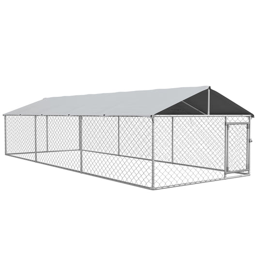 Outdoor Dog Kennel Dog Run with Waterproof, UV Resistant Cover for Medium and Large Sized Dogs, 19.7' x 7.5' x 4.9', Silver