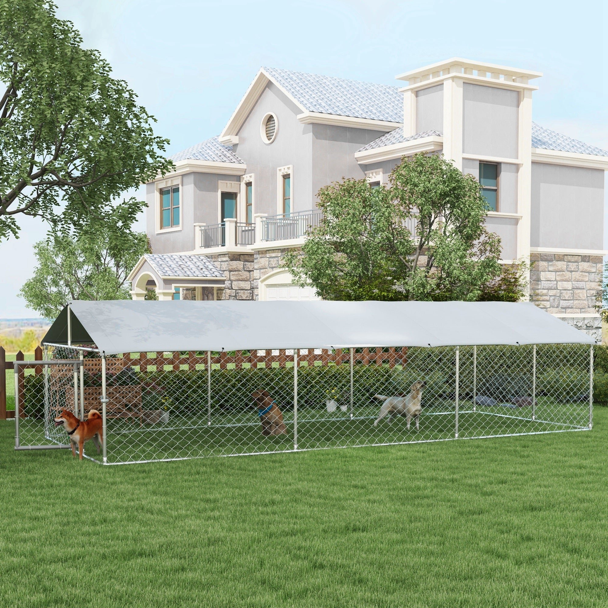 Outdoor Dog Kennel Dog Run with Waterproof, UV Resistant Cover for Medium and Large Sized Dogs, 19.7' x 7.5' x 4.9', Silver