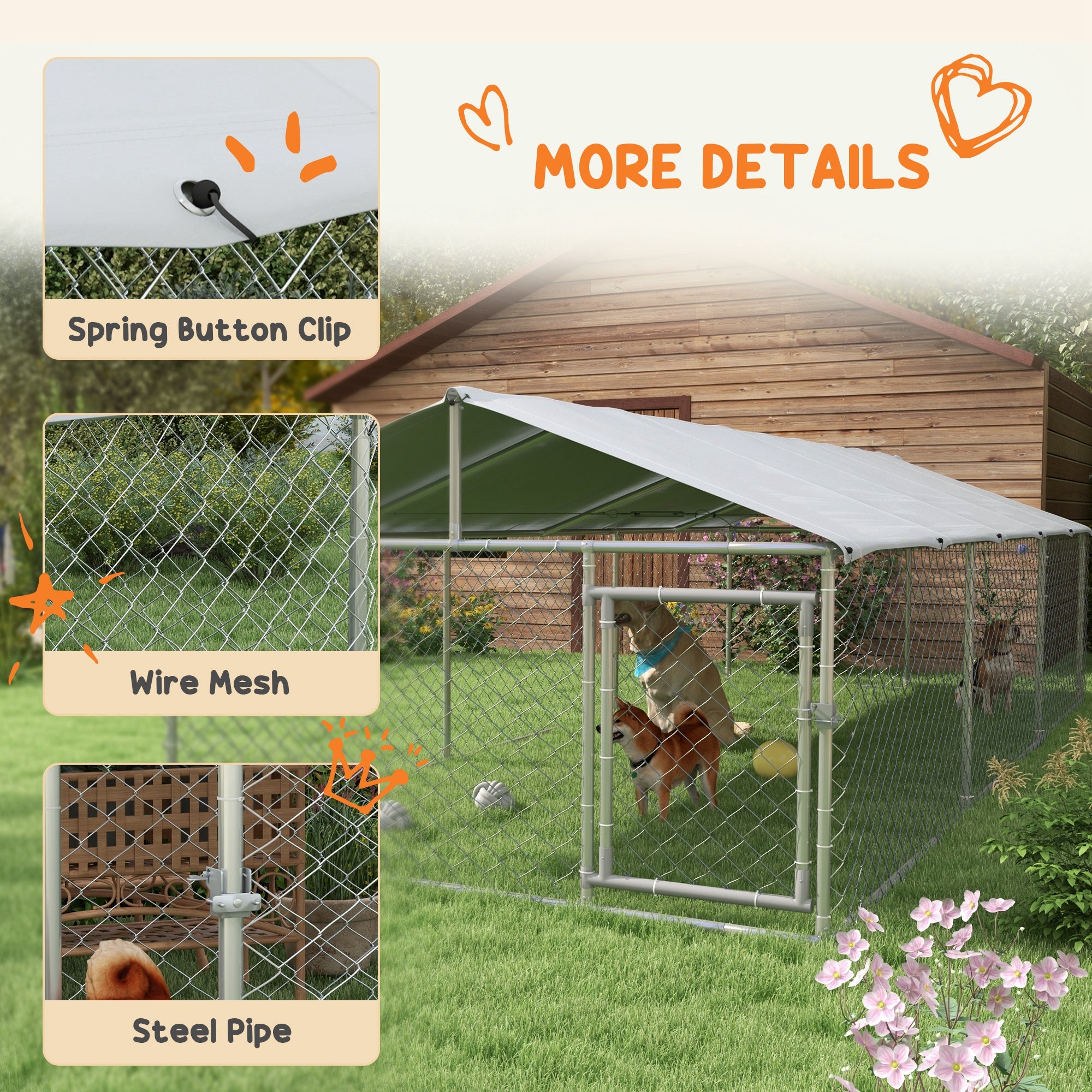 Outdoor Dog Kennel Dog Run with Waterproof, UV Resistant Cover for Medium and Large Sized Dogs, 19.7' x 7.5' x 4.9', Silver