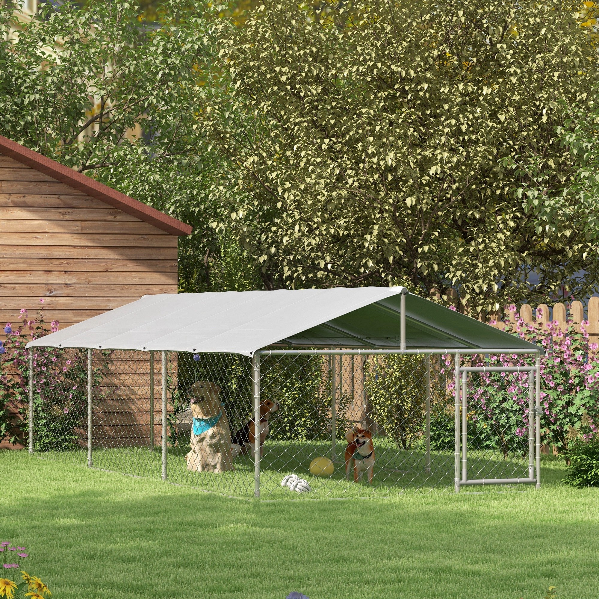 Outdoor Dog Kennel Dog Run with Waterproof, UV Resistant Cover for Medium and Large Sized Dogs, 19.7' x 7.5' x 4.9', Silver