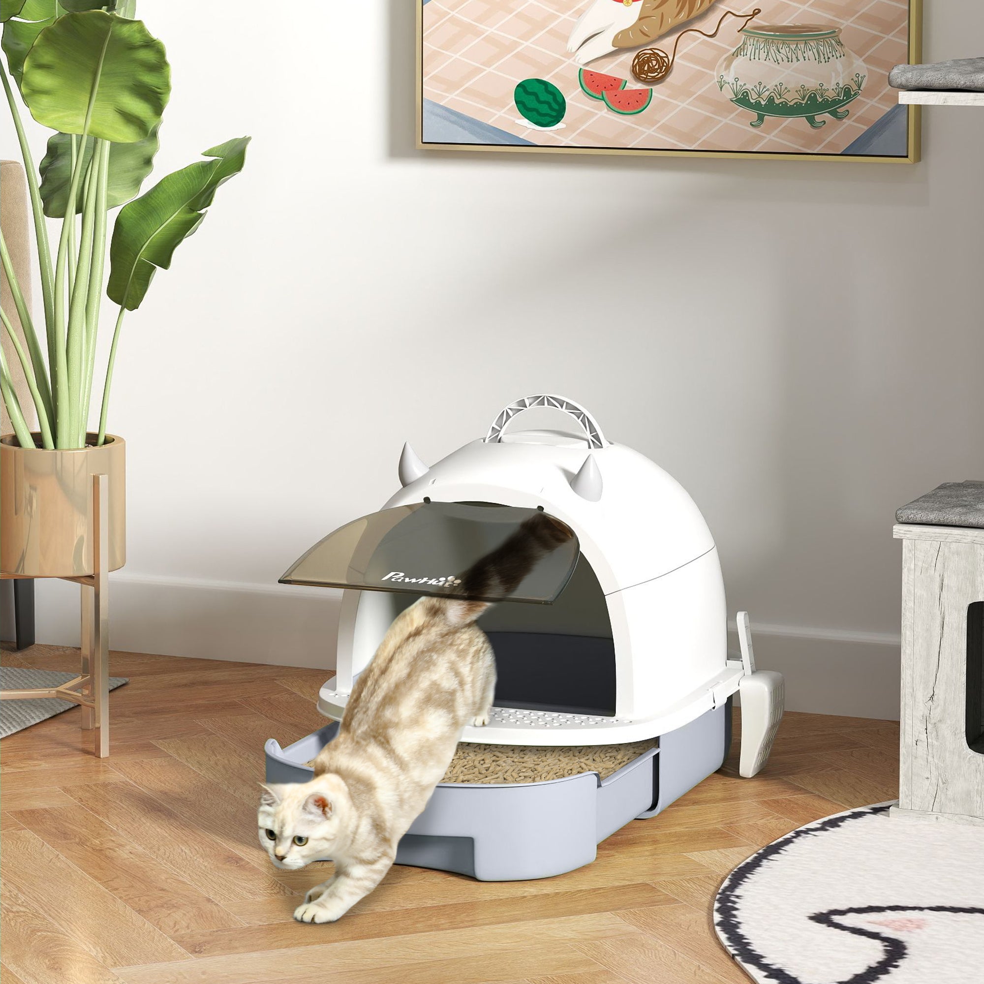 PawHut Cat Litter Box, Covered Kitty Litter Box with Lid, Scoop, Deodorizing Bags for Odor Control, Privacy, Portable, Easy to Clean, Gray