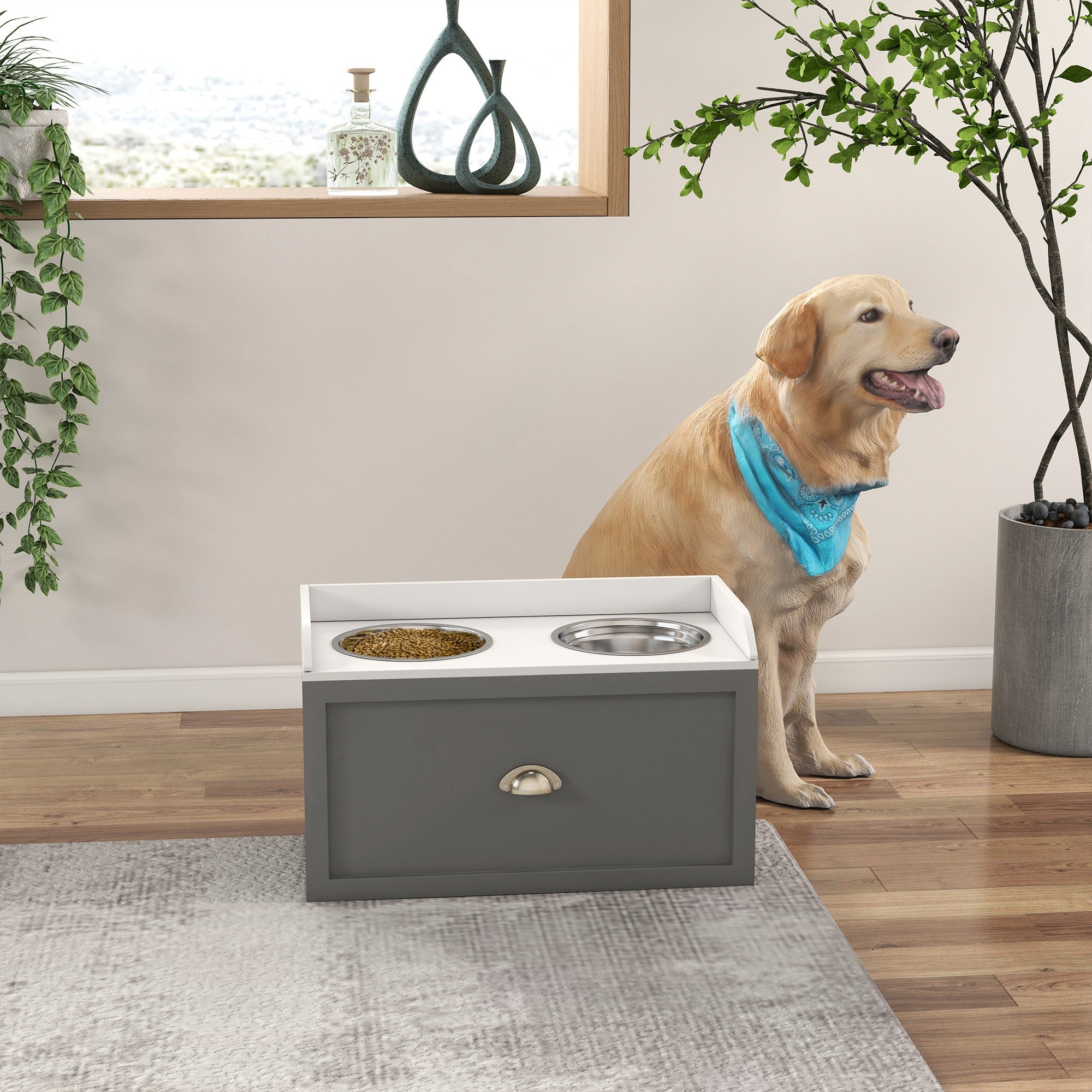 PawHut Dog Feeding Station with Storage Drawer, Dog Food Storage Cabinet with 2 Removable Elevated Dog Bowls for Large Sized Dogs, Gray