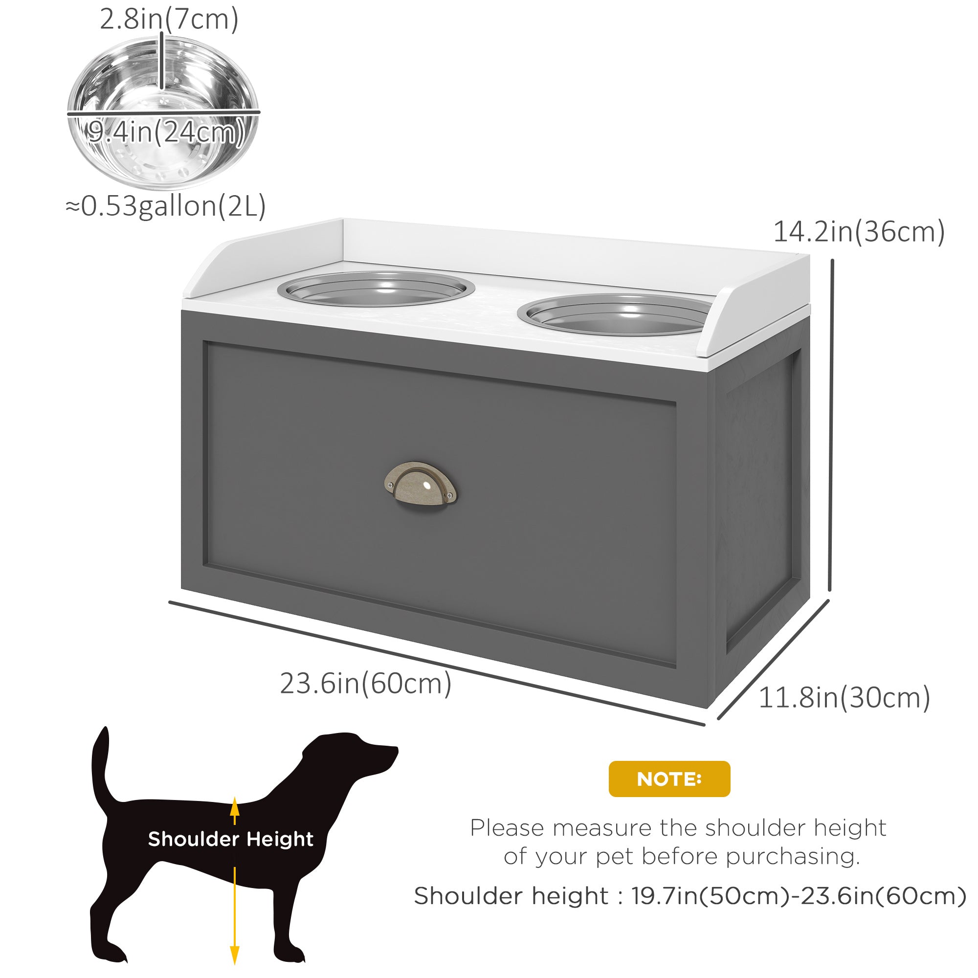 Elevated Dog Bowls for Large Dogs, Raised Pet Feeding Station with 2 Stainless Steel Bowls, Hidden Storage Drawer, Wood Stand for Cats, Grey