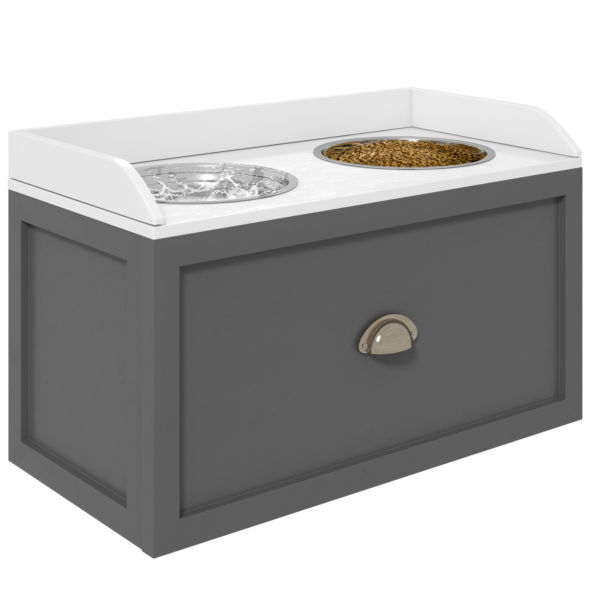 PawHut Dog Feeding Station with Storage Drawer, Dog Food Storage Cabinet with 2 Removable Elevated Dog Bowls for Large Sized Dogs, Gray