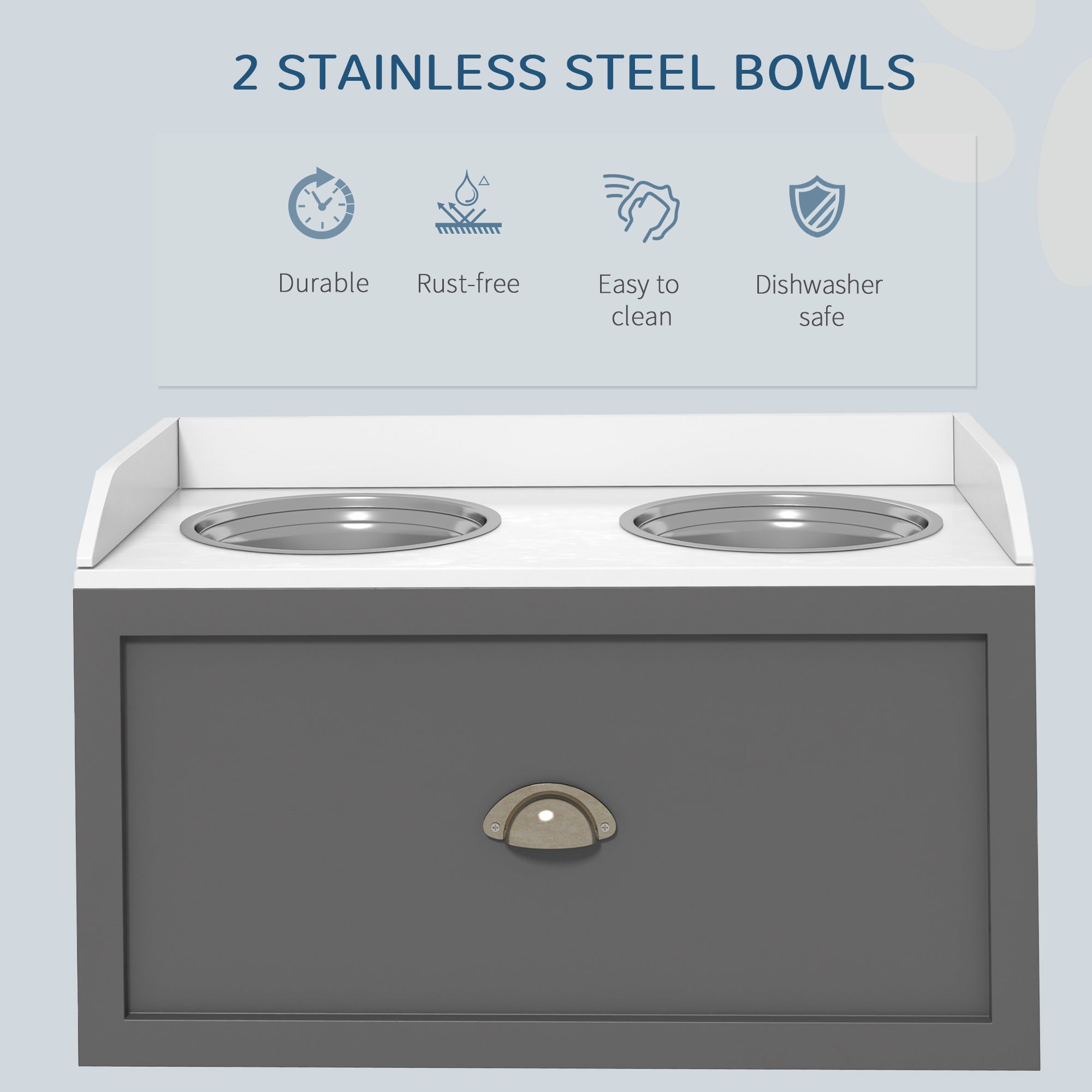PawHut Dog Feeding Station with Storage Drawer, Dog Food Storage Cabinet with 2 Removable Elevated Dog Bowls for Large Sized Dogs, Gray