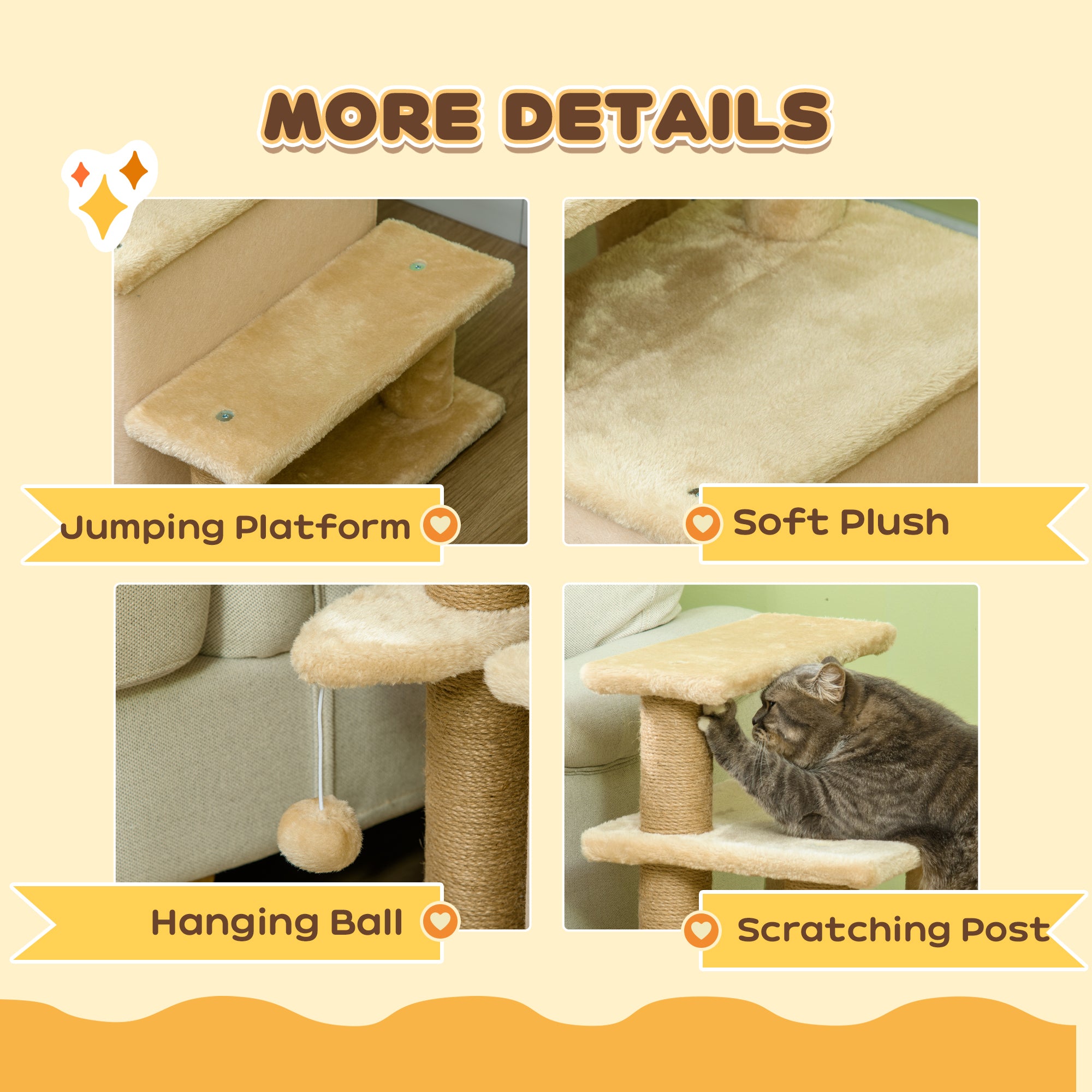 Adjustable Height Cat Stairs with Jute Scratching Posts, Cat House for Cozy Rest, Pet Steps for Couch Sofa and High Bed with Hanging Ball, Front Hole, Platform, Beige